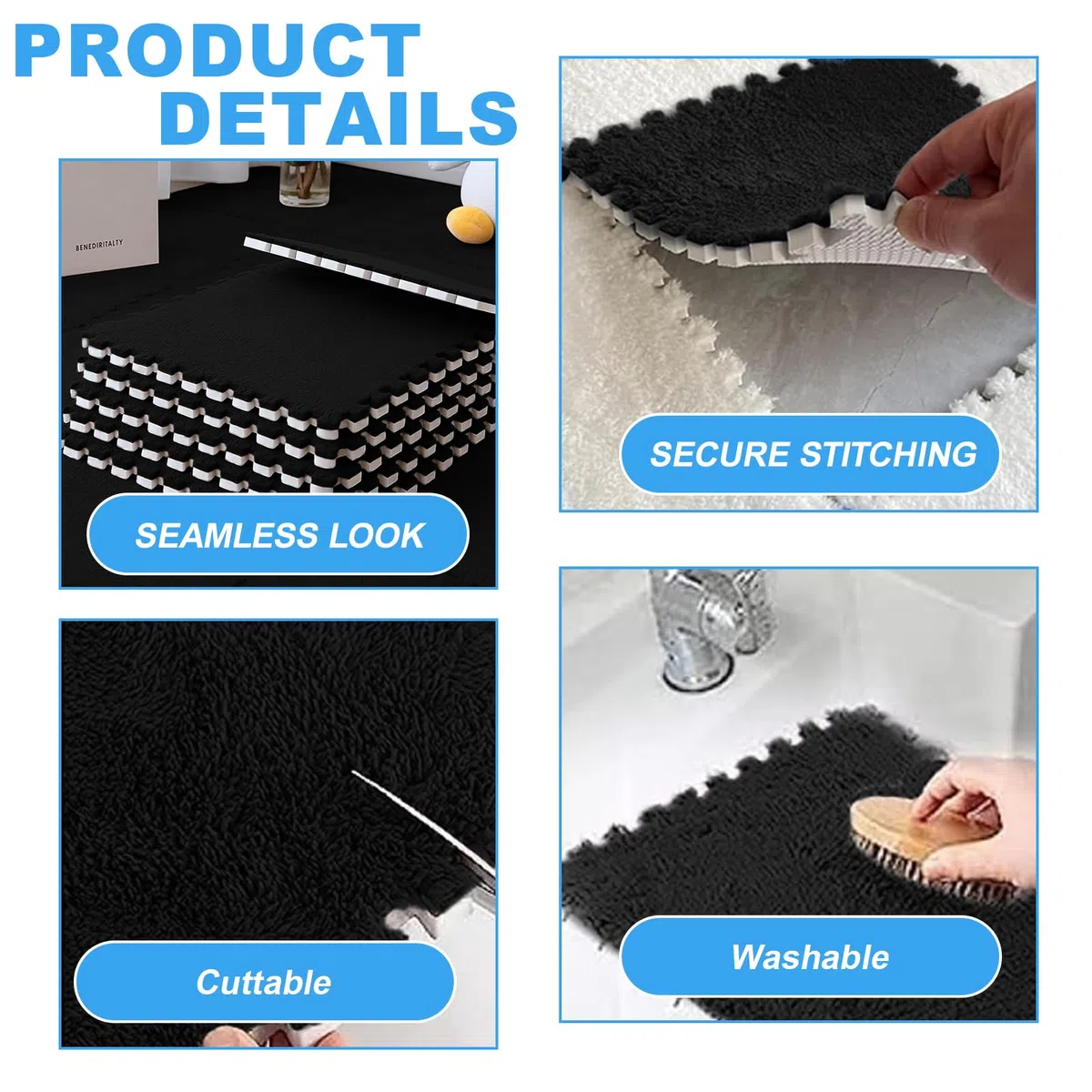 Tappetini in schiuma di peluche nero 30x30x1,25 cm 12 pezzi per giochi