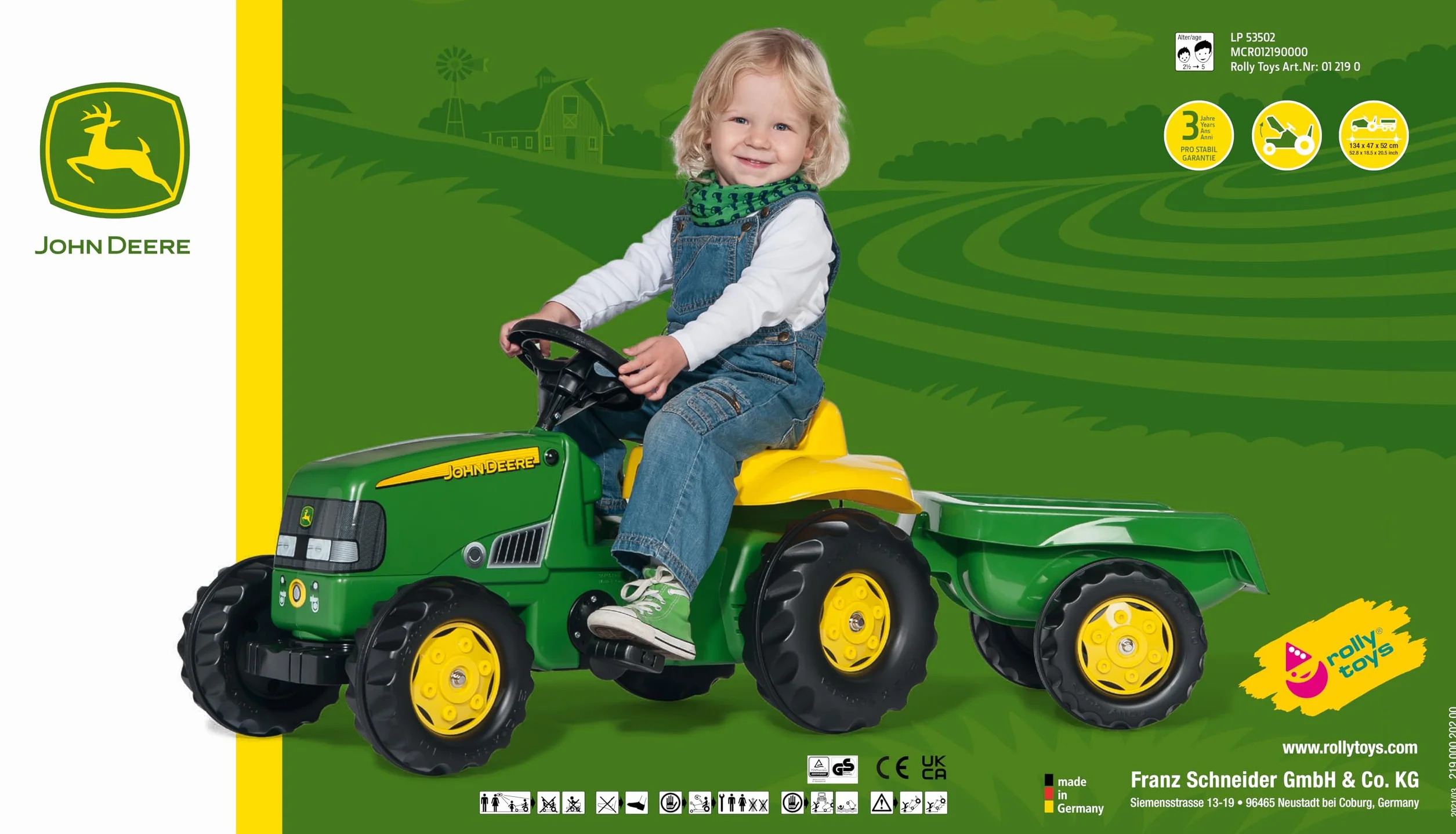 Rolly Toys 012190 rollyKid John Deere z przyczepą, zielony, 134x52x47 cm