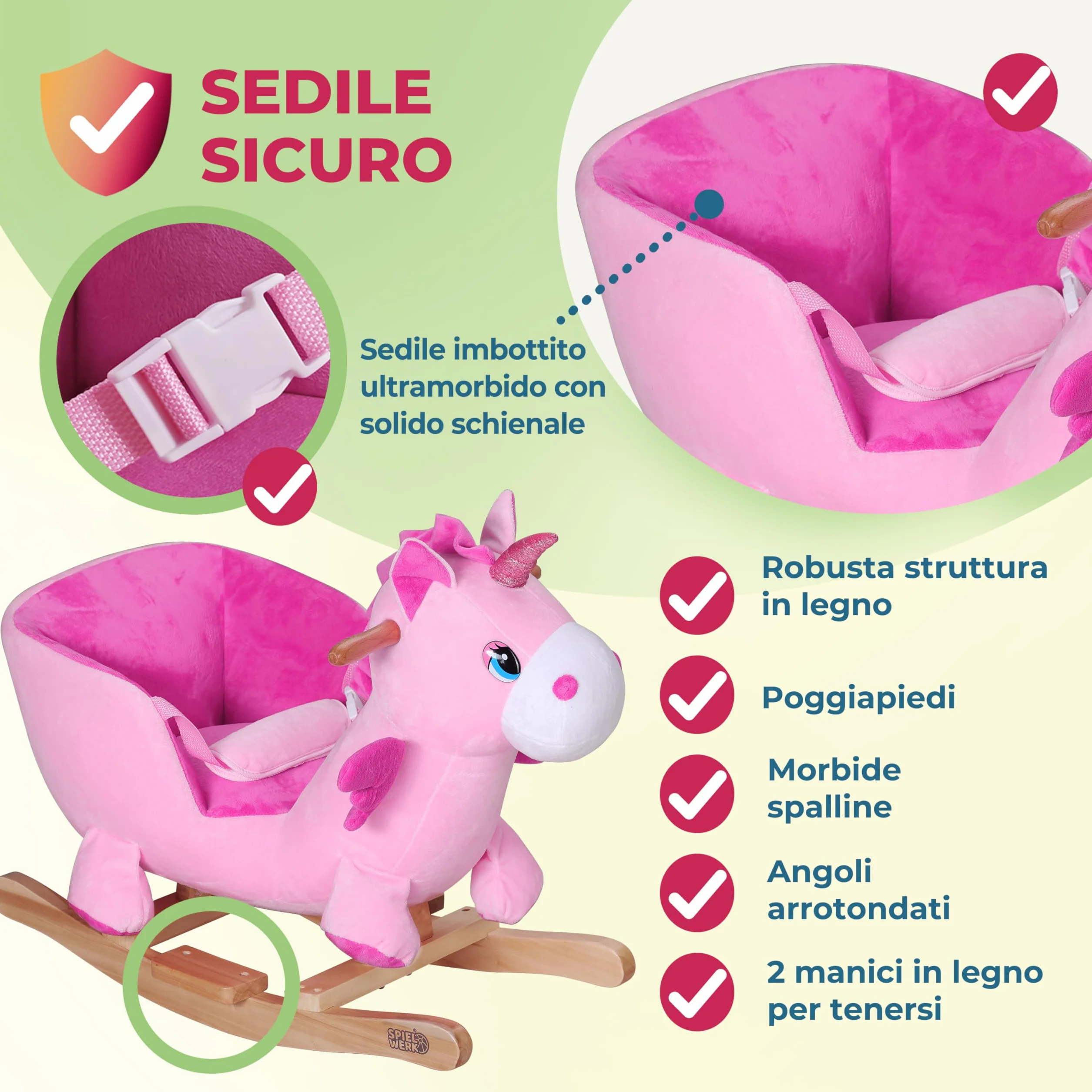DEUBA® Unicorno Rosa Peluche a Dondolo Legno con Suoni Cintura di Sicurezza Giochi Infanzia Bambini Giocattolo Regalo