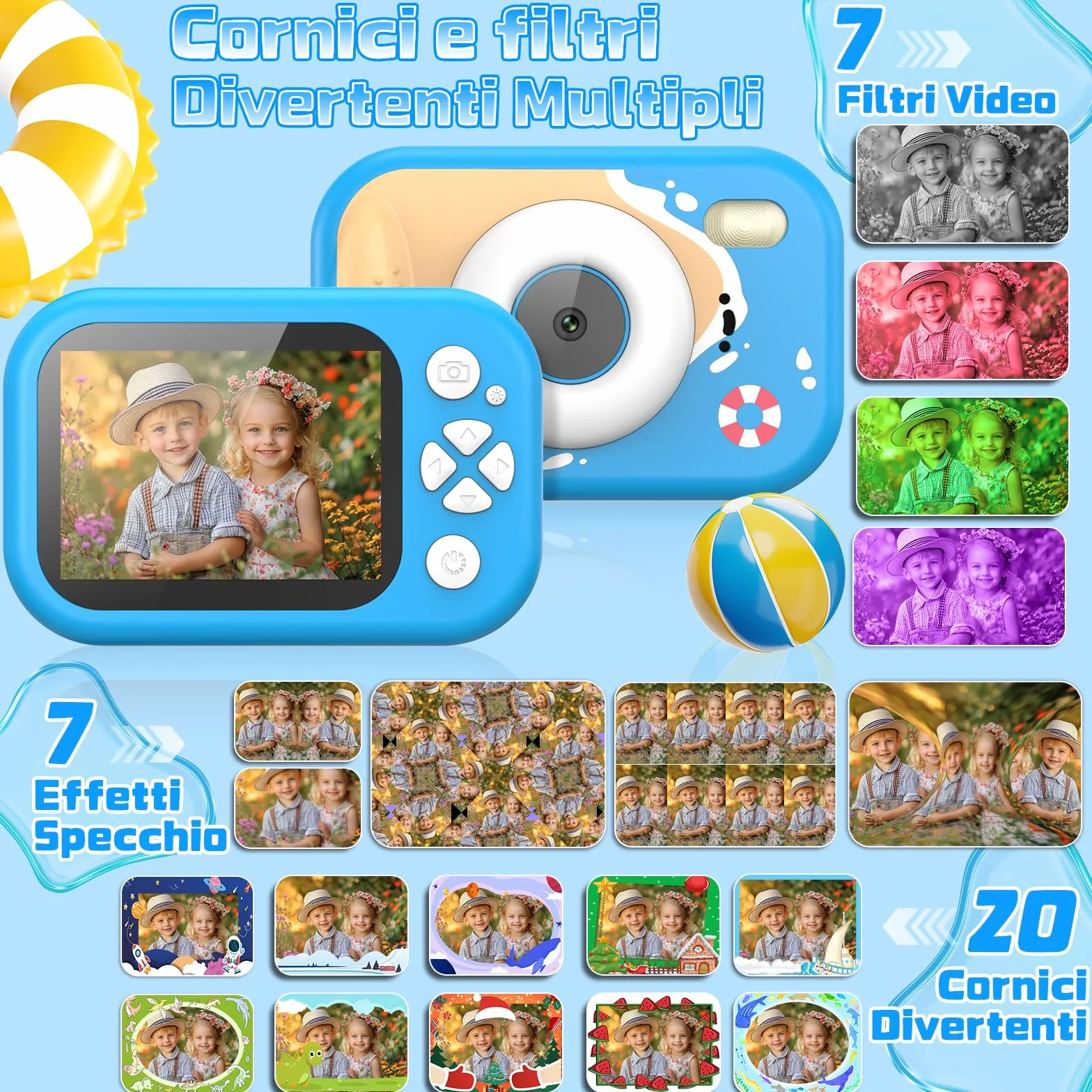 CHAKEYAKE Macchina Fotografica Bambini, 1080P IP67 Fotocamera Impermeabile Bambini con Zoom 10X, Schermo 2.4'', Scheda 32GB Inclusa, Giocattolo per Piscina e Spiaggia, Regalo per 3–12 Anni, Blu
