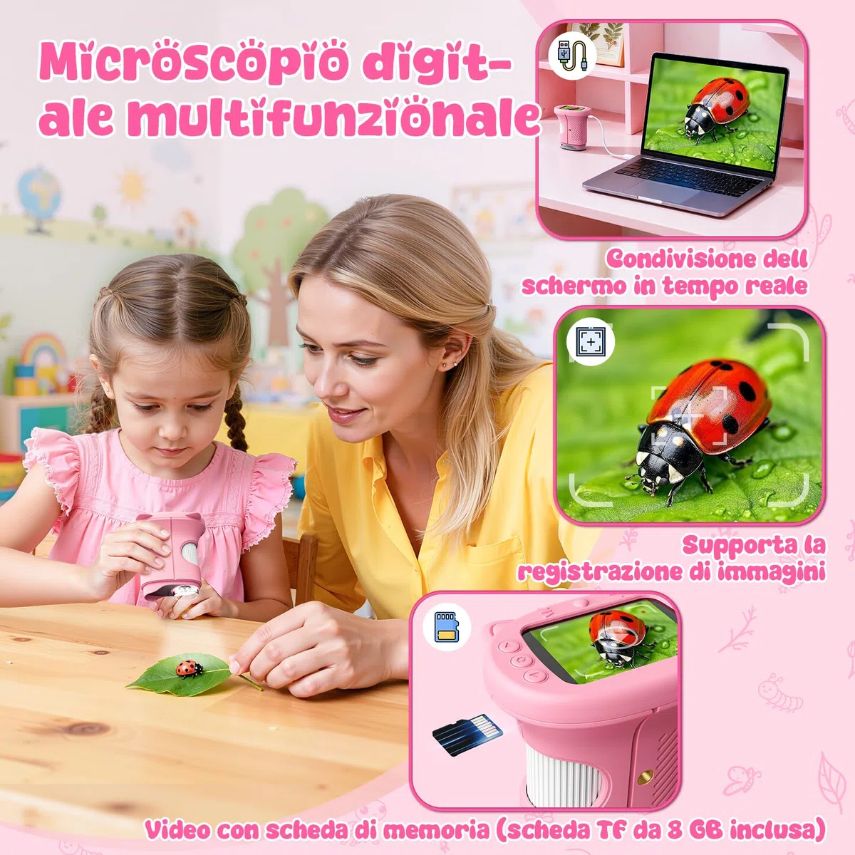 2 in 1 Microscopio Digitale e Telescopio per Bambini, 1000x Zoom, Schermo da 2,4 Pollici, Schermo HD da 2 MP, 8 Luci LED - Un Regalo Perfetto per Bambini Dai 6 ai 12 Anni
