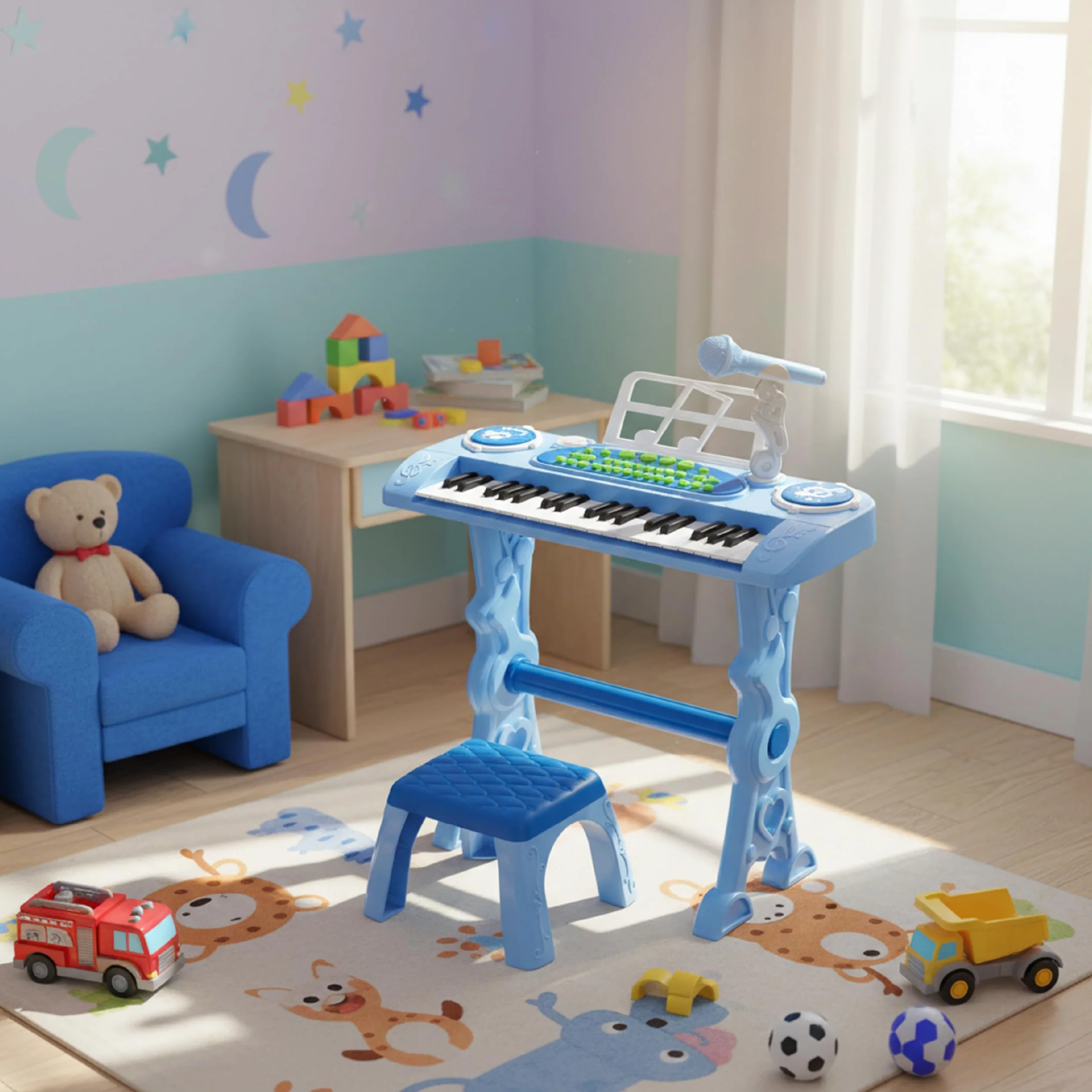Baroni Toys Tastiera Elettronica con Sgabello per Bambini 3+ Anni con Microfono, Pianola Musicale con Melodie e Suoni Educativi, Tastiera 37 Tasti con Sedia Azzurra, 48x20x53cm