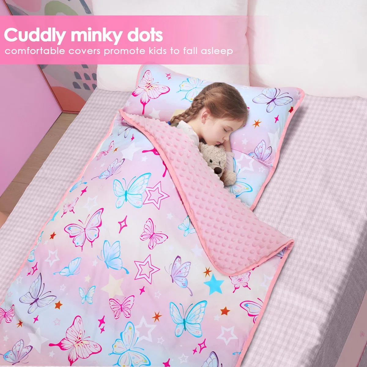 Decalsweet Nap Mat per Bambini con Cuscino e Coperta Rimovibili, Grande Extra Spesso 2 in 1 Sacco a Pelo Pieghevole per Ragazze Ragazzi, Leggero e Morbido Nap Mats per Asilo Nido e Campeggio