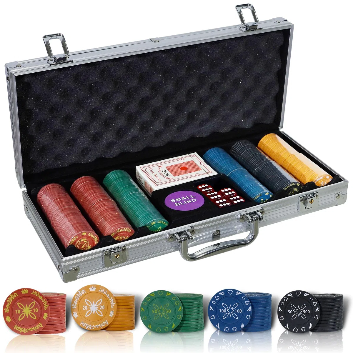 Set da Poker 300/500 Chips di Stampa in Plastica,Valigetta Poker Professionale in Alluminio con mazzi di Carte,Dadi,Pulsante Dealer