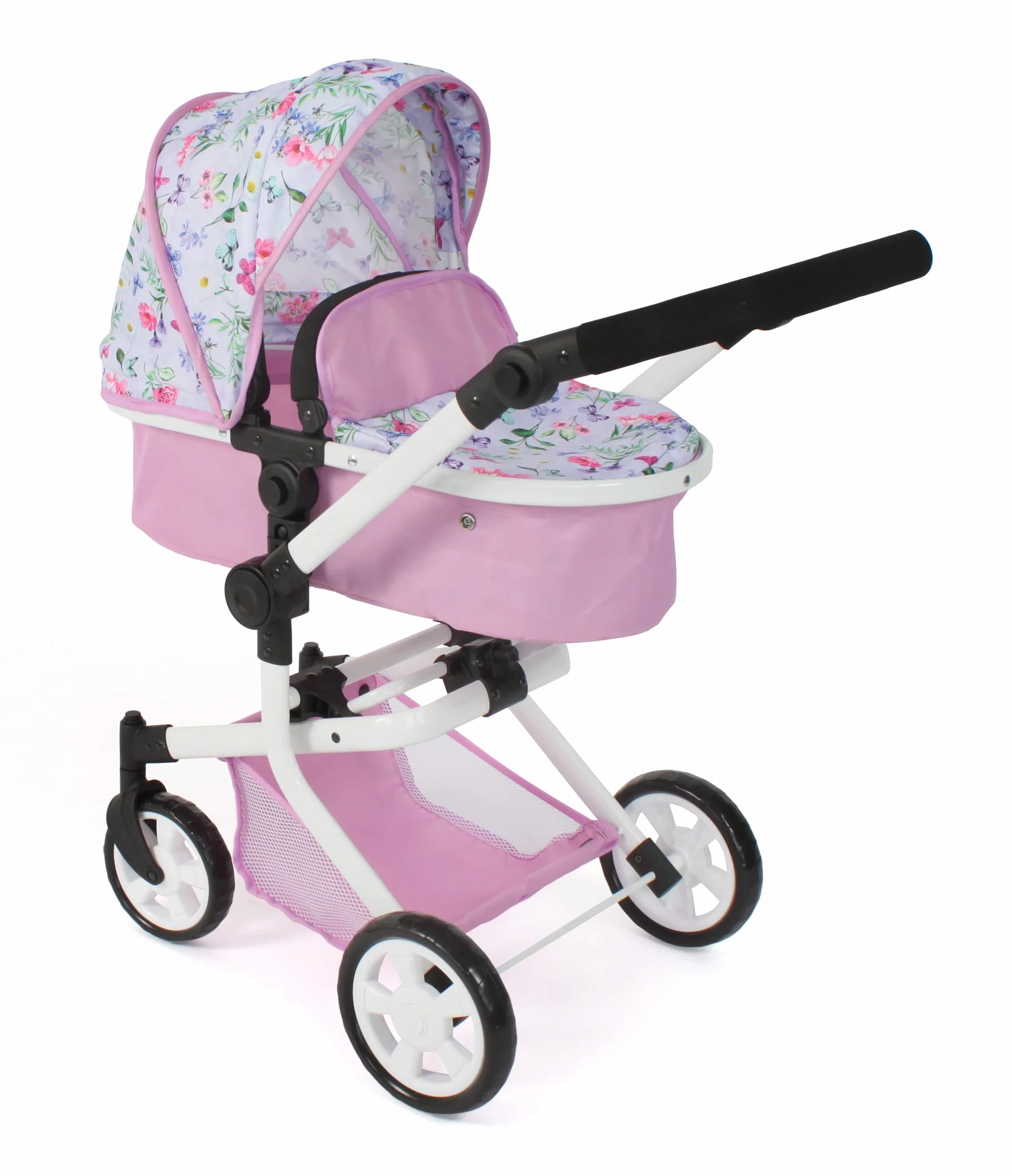 Bayer Chic 2000 - Passeggino per bambole Mika, passeggino combinato 2 in 1 per bambini dai 4 agli 8 anni, passeggino per bambole fino a 52 cm, fiori, rosa