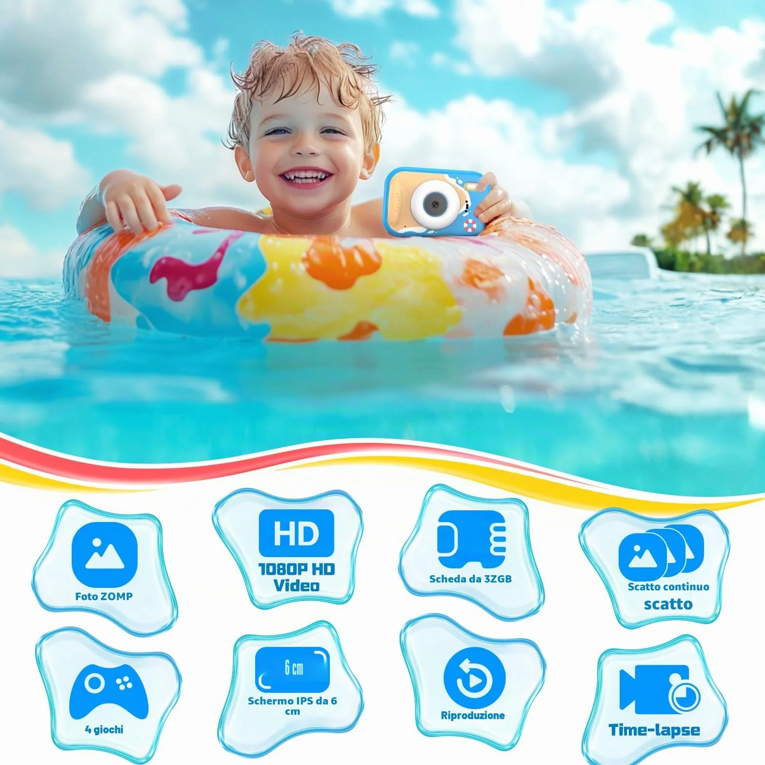 Macchina Fotografica Bambini, Fotocamera Impermeabile Bambini 48MP 1080P Macchina Fotografica Digitale Subacquea con 2,4 Pollici Schermo, 32GB Scheda, Flash LED, Regalo per Bambina e Bambino 3-12 Anni