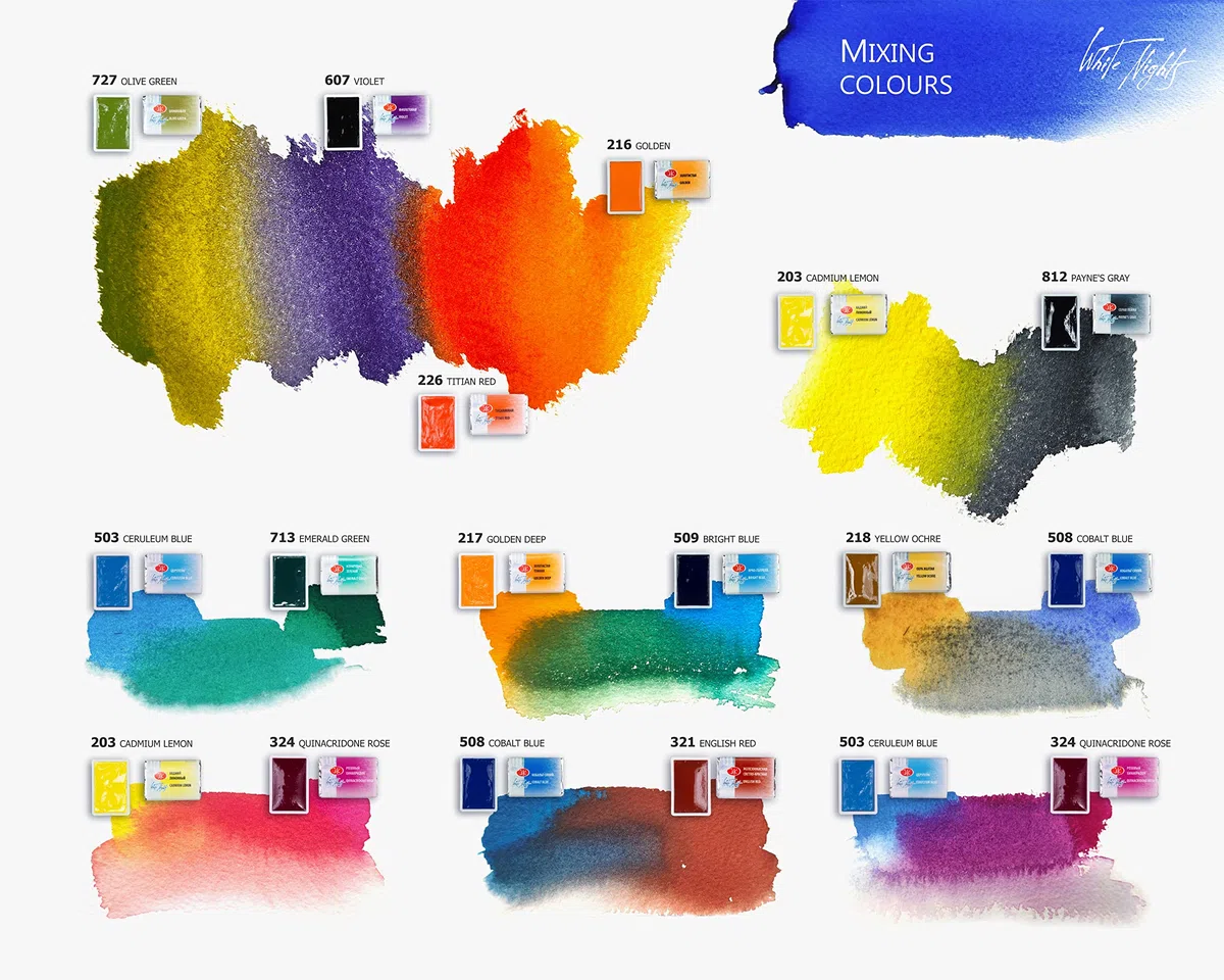White Nights Set di acquerelli russi per artisti, 36 colori in vasetti interi in una scatola di plastica, alta brillantezza e luminosità