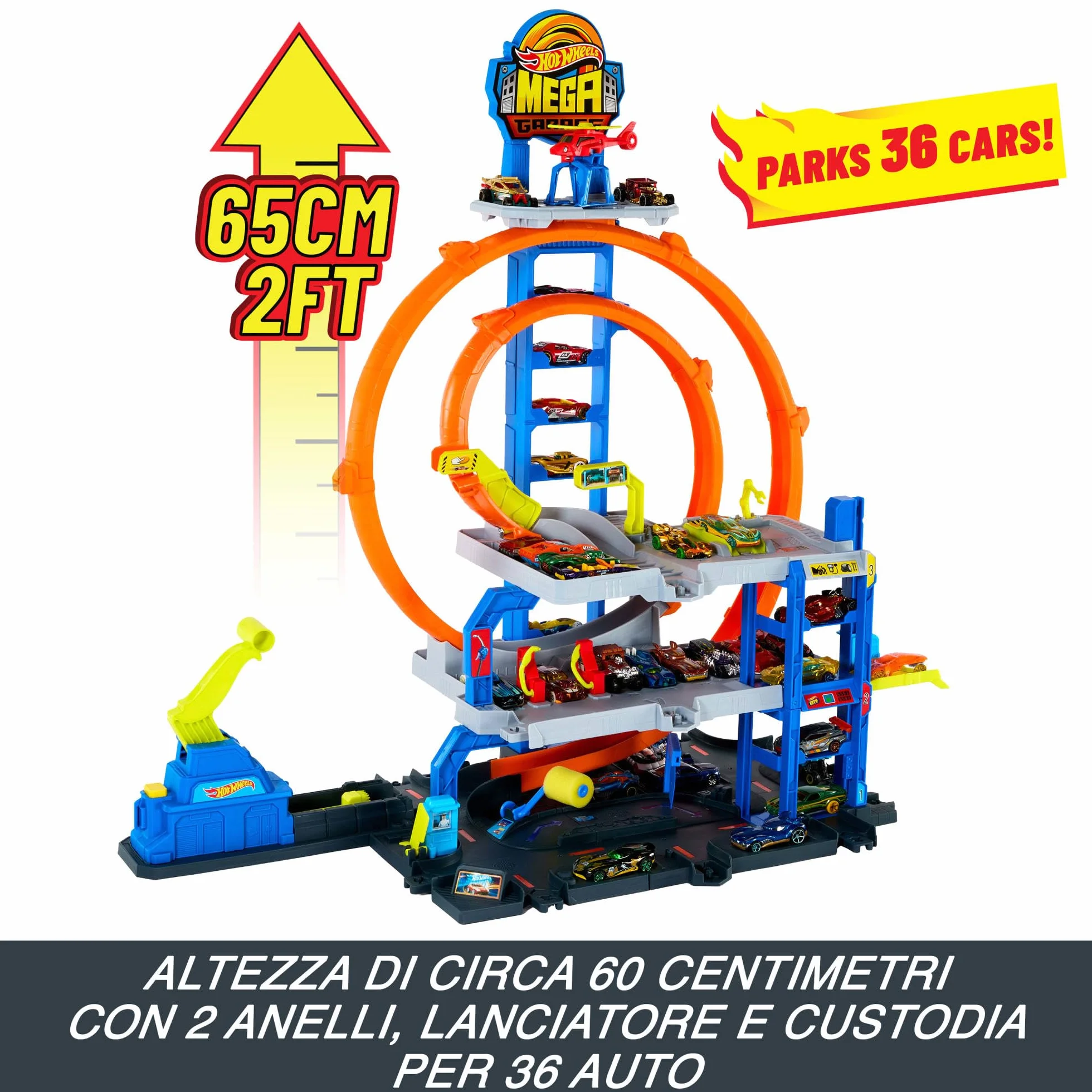 Hot Wheels - Mega Garage, Set Pista con 3 Livelli di Gioco e 2 Loop, macchinina ed Elicottero Inclusi, adattatori Speed Snap e Spazio per riporre 37 Veicoli, Giocattolo per Bambini, 4+ Anni, JLC05