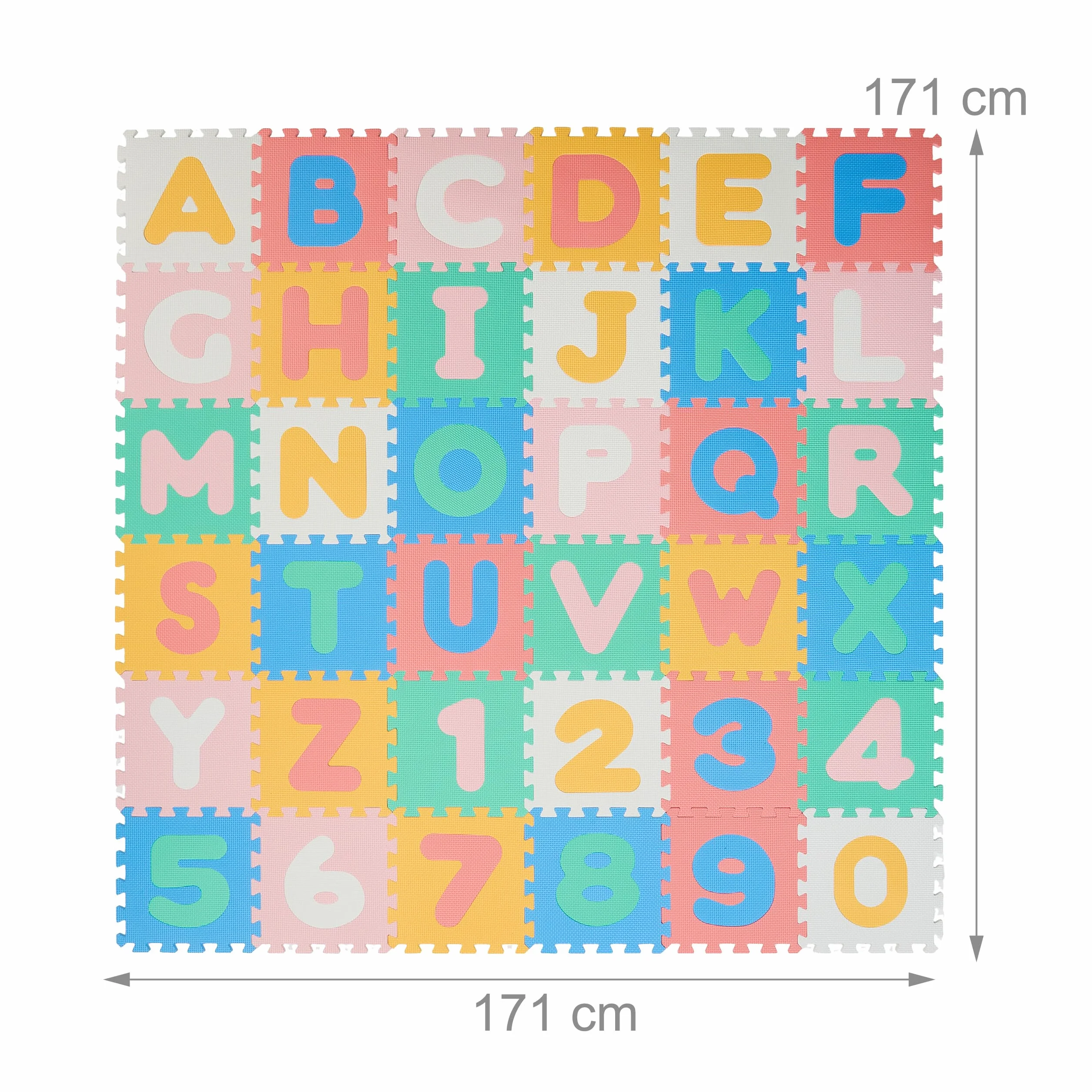 Relaxdays Tappeto Gioco Bambini Puzzle 36 Tappetini Lettere ABC Numeri 171x171 cm Senza BPA Colorato