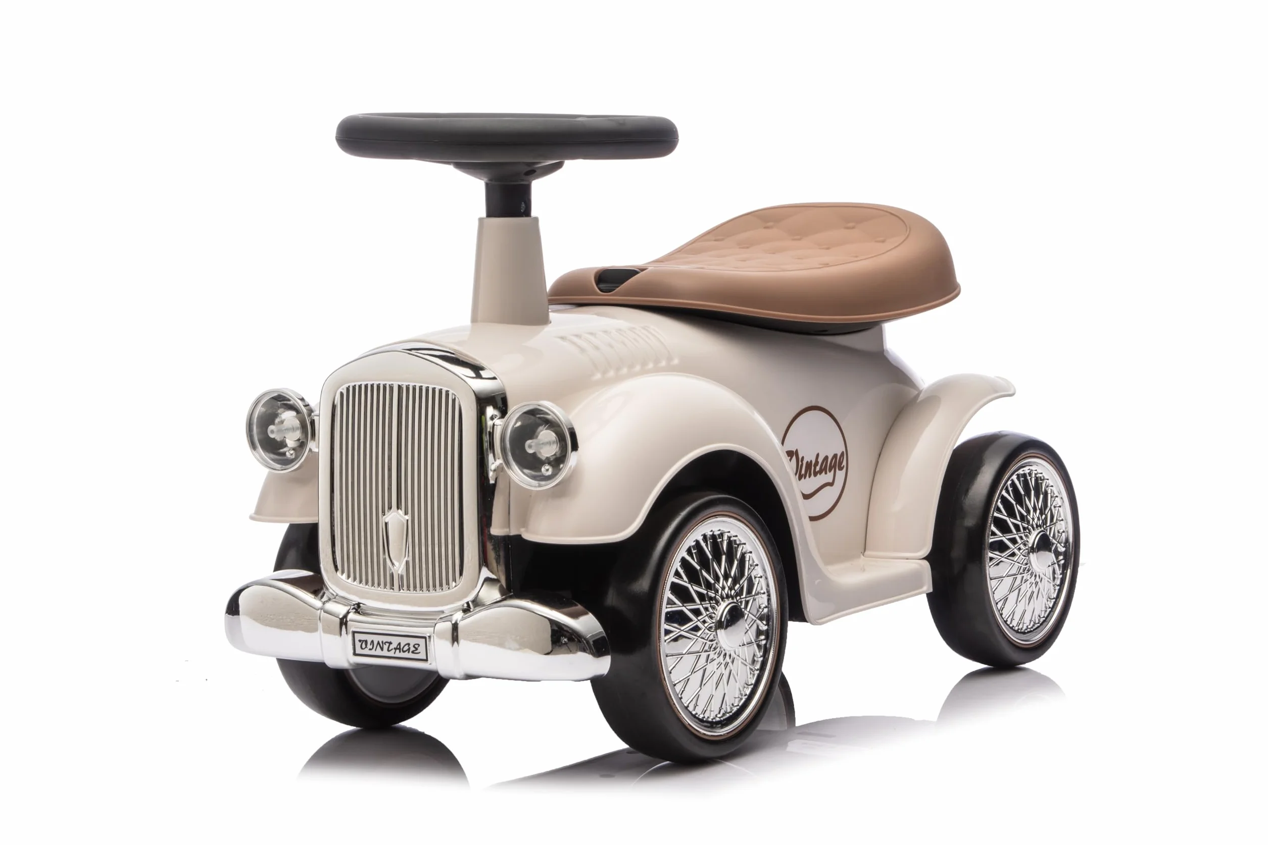 Baroni Toys Macchina Ride-On Vintage per Bambini dai 12 ai 36 Mesi, Baby Car con Clacson ad Aria, Vano Portaoggetti, Manubrio Sterzante e Ruote Stabili per Imparare a Camminare, 25x59x35 cm, Bianco