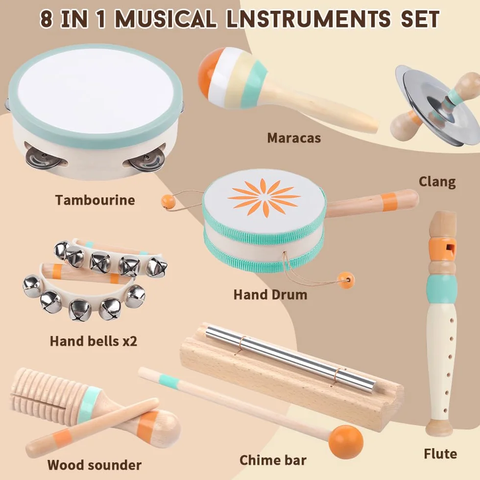 Strumenti Musicali per Bambini Piccoli, Giocattoli Montessori per Neonati, Strumenti a Percussione per 1 Anno Maschi e Femmine, Regalo Compleanno 1-3 Anni(8 in 1)