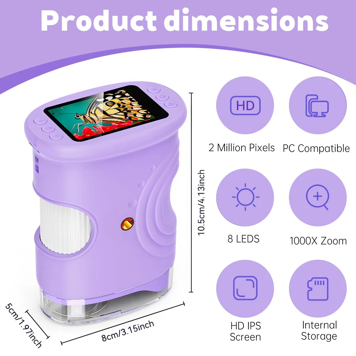Microscopio per Bambini, 1000X Microscopio Digitale Elettronico Portatile, Schermo IPS 2.0'', 8 luci LED Regolabili, Regalo Bambino