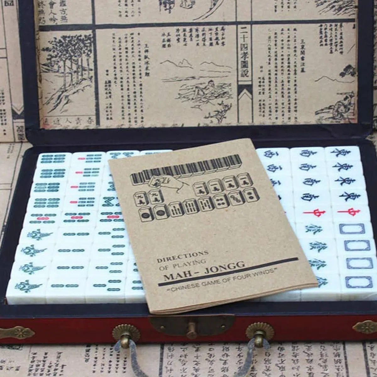 Antico Mahjong 144 Piastrelle Set da Viaggio Portatile Gioco Familiare per Adulti