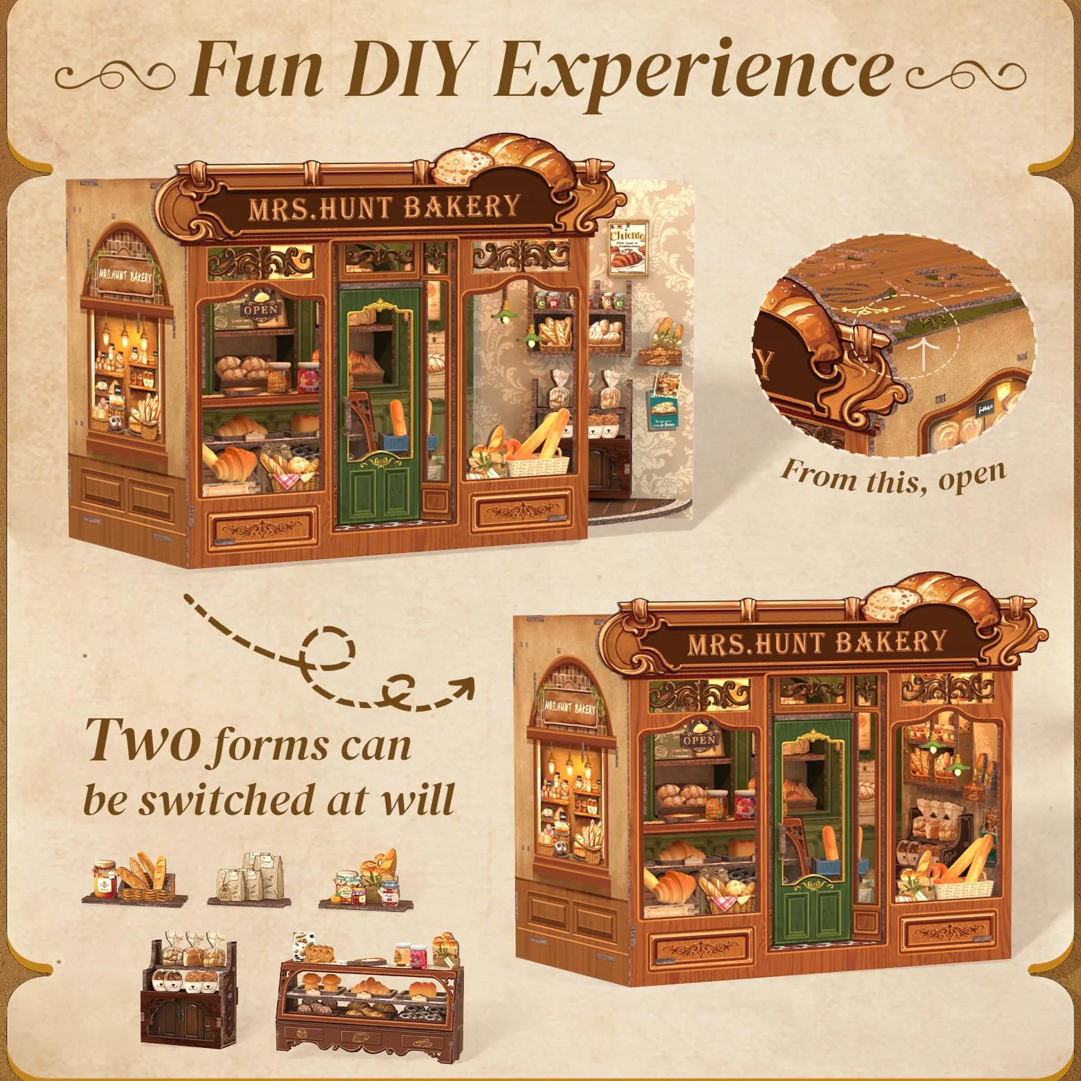 Cutefun DIY Case delle bambole Book Nook Model Kit, Reggilibri Scaffale Inserto Decorazione con Luce LED,Kit di Costruzione di Modellini in Legno per (MRS.HUNT BAKERY)