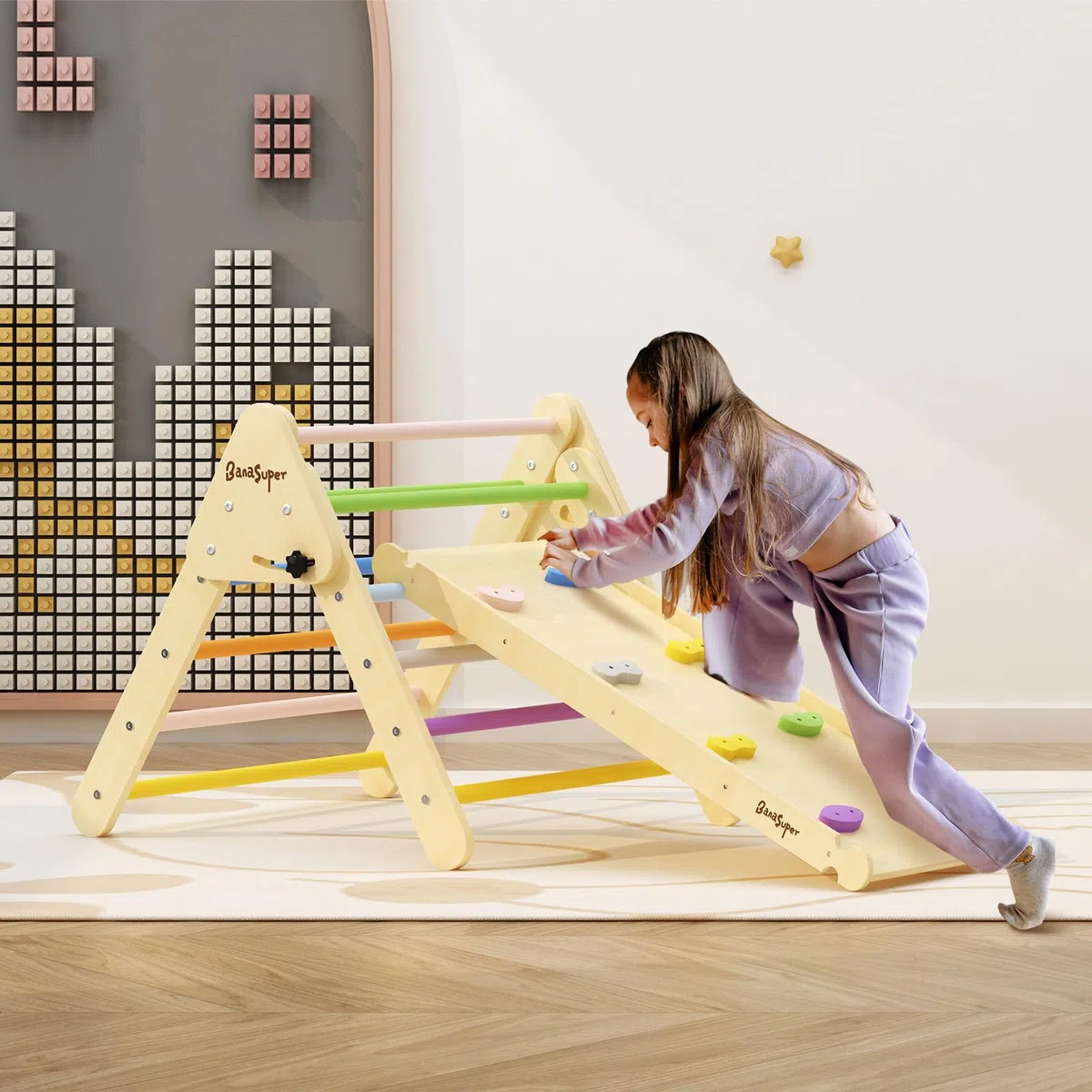 BanaSuper 2 in 1 Bambini Triangolo da Arrampicata in Legno Pieghevole con Rampa Giocattoli Montessori