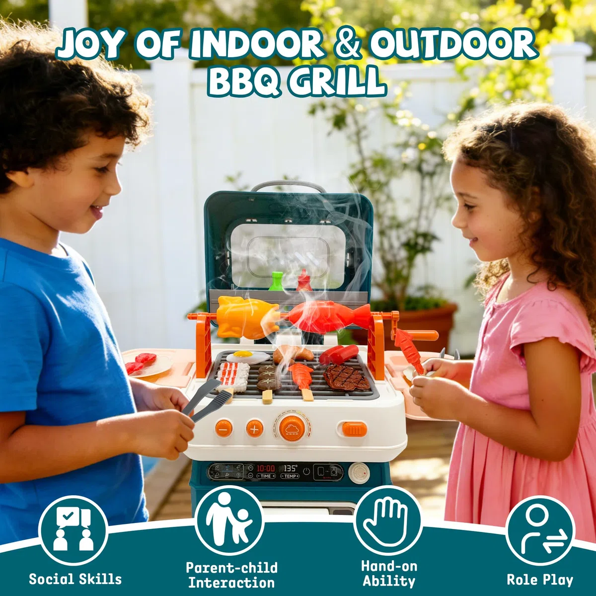 Set di giocattoli per barbecue per bambini con rumori di fumo e luce, accessori da cucina, barbecue interattivo per bambini dai 3 agli 8 anni (BLUA)