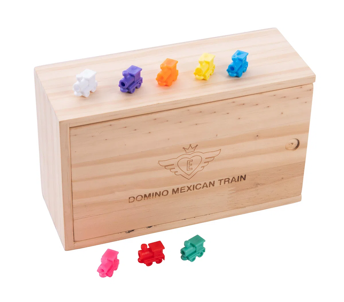 Engelhart - 250180 - Domino Treno Messicano D12 - Versione Numeri - Scatola di Legno - 91 Pezzi di Domino 8 mm + 8 Treni Colorati - 2 a 8 Giocatori