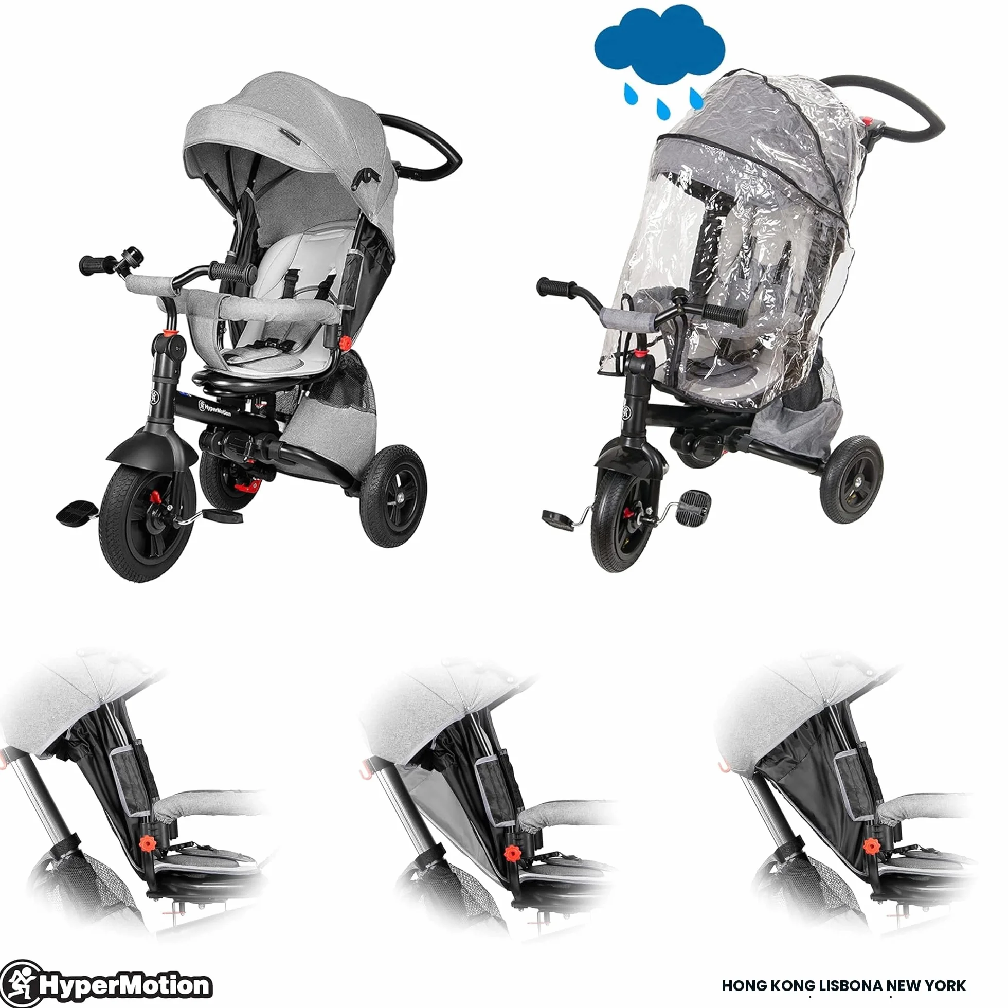 HyperMotion Passeggino Triciclo Evolutivo per Bambini 12 Mesi - 5 Anni, Bicicletta con Sedile Girevole e Ruote Gonfiabili, Portata 25 kg, Pieghevole con Parapioggia, Ideale per Parco e Giardino - Grey