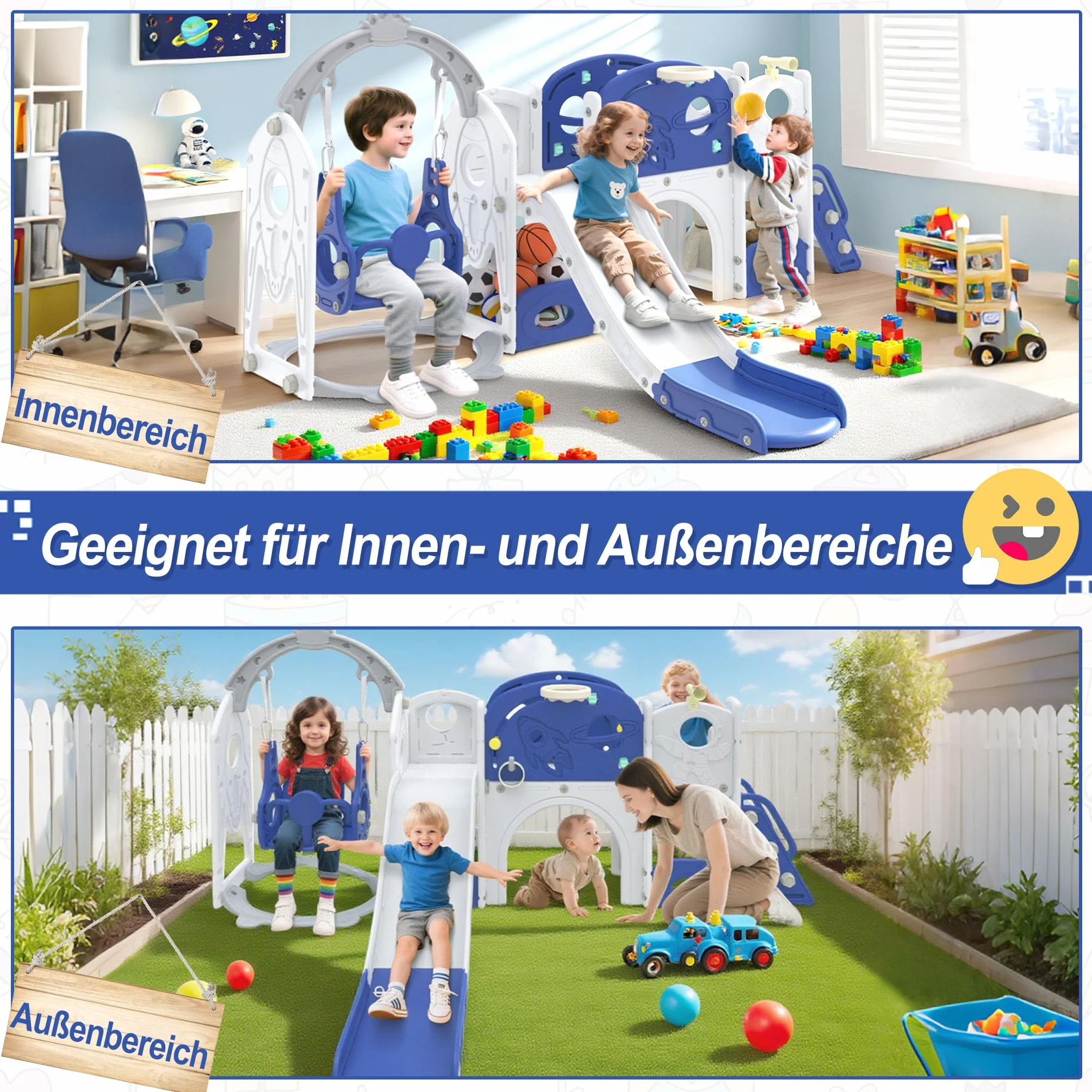 Froadp Scivolo 9 in 1 per bambini a partire da 1 anno, per interni ed esterni, in HDPE e PP, con altalena, scaletta da arrampicata, tunnel, spazio di archiviazione, cestino da basket e telescopio da
