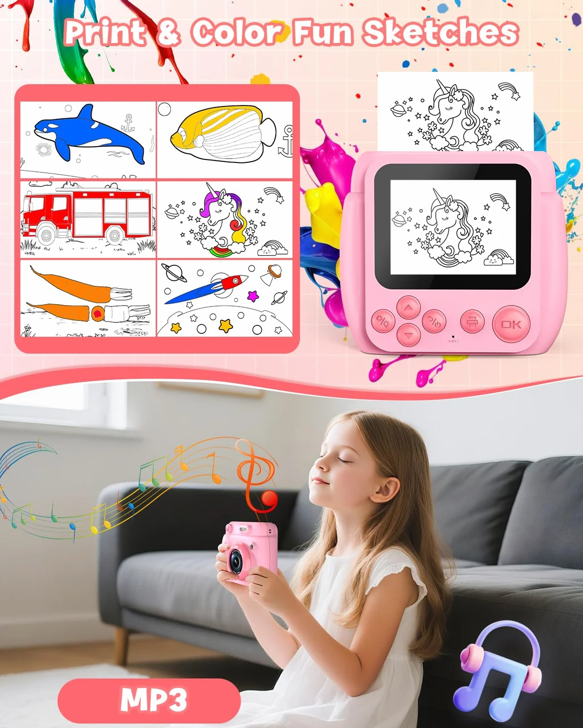 Gofunly Macchina Fotografica Bambini Istantanea, 2,4 Pollici Schermo Fotocamera Istantanea per Bambini con 32GB Scheda, 1080P HD Fotocamera Digitale Regalo per Ragazze Ragazzi da 3-12 Anni