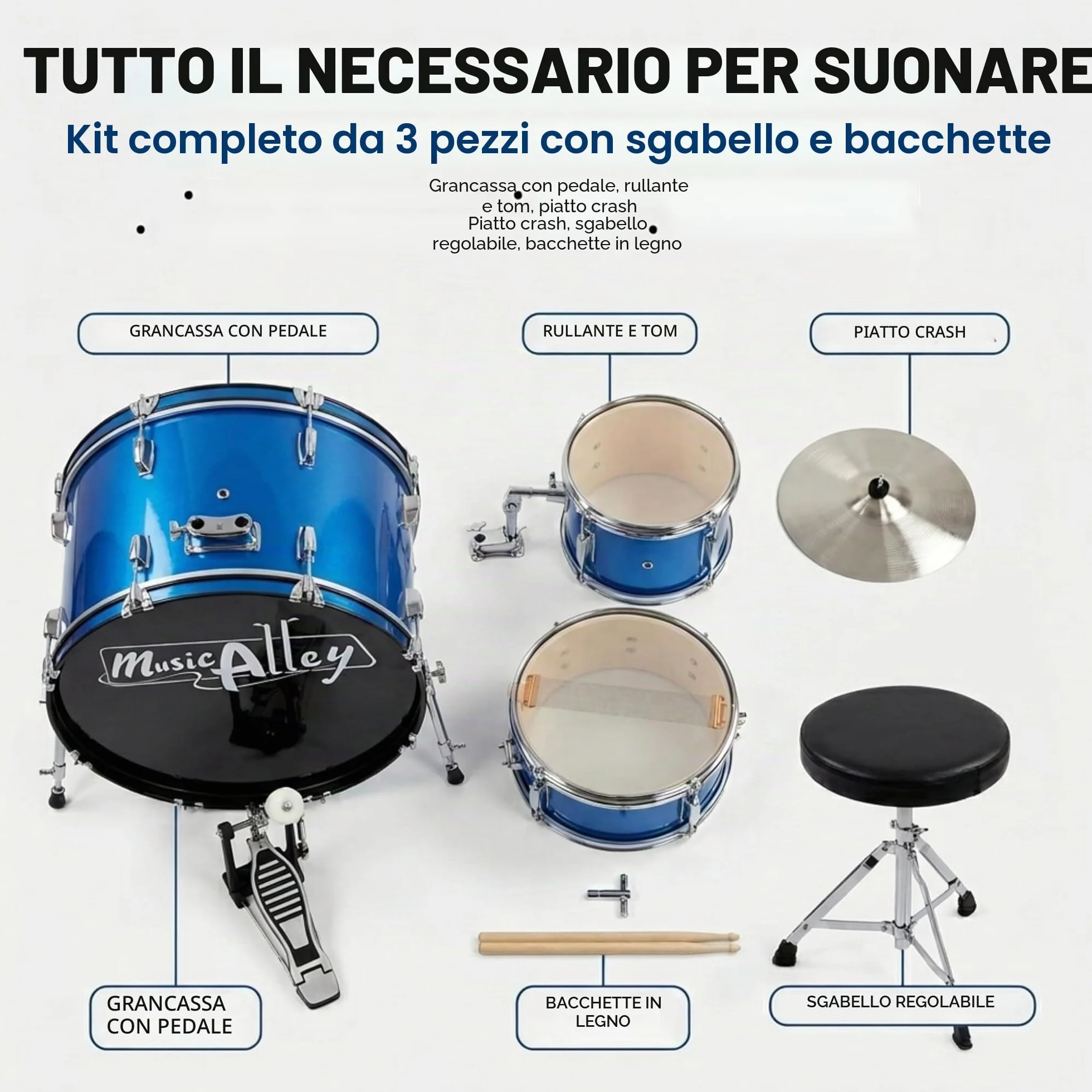 Batteria Music Alley Junior con sgabello e bacchette
