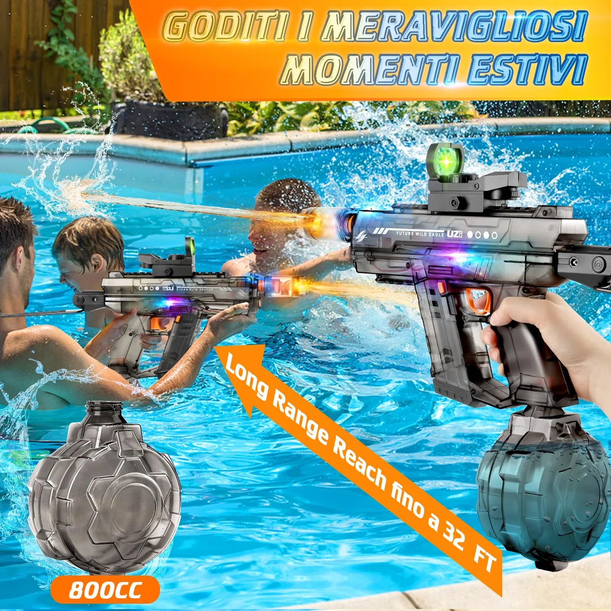 JONRRYIN Pistola ad Acqua Elettrica, Automatico Pistola 800ml - Portata 10 Metri, Ricaricabile Pistola con Effetti Flash & Suono per Bambini/Adulti(Spiaggia, Piscina, Giardino) (Nero)