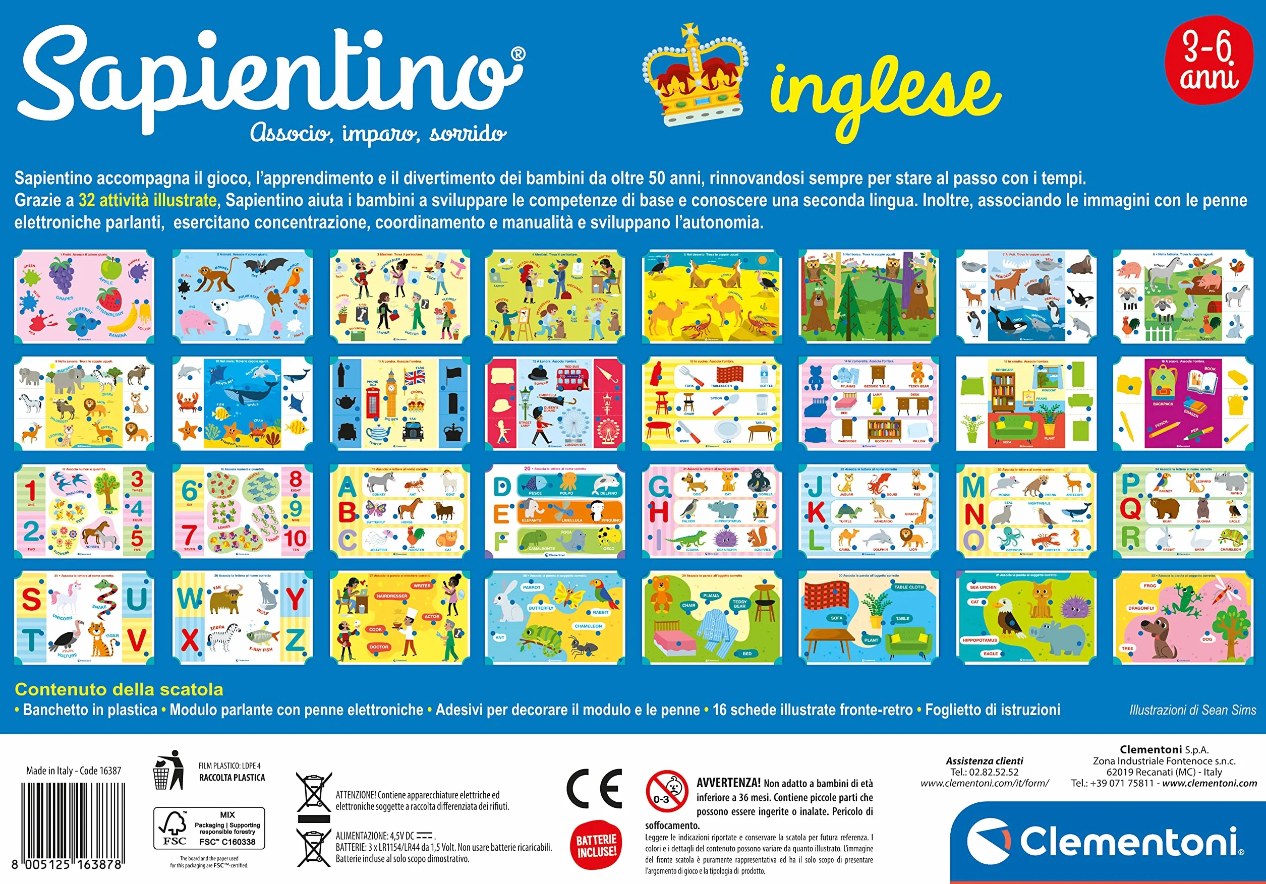 Clementoni Sapientino - Banchetto Inglese con 16 Schede Educative Illustrate, 32 attività e 2 Penne Interattive, Gioco Educativo 3-6 Anni, Made in Italy, Lingua Italiana, 16387