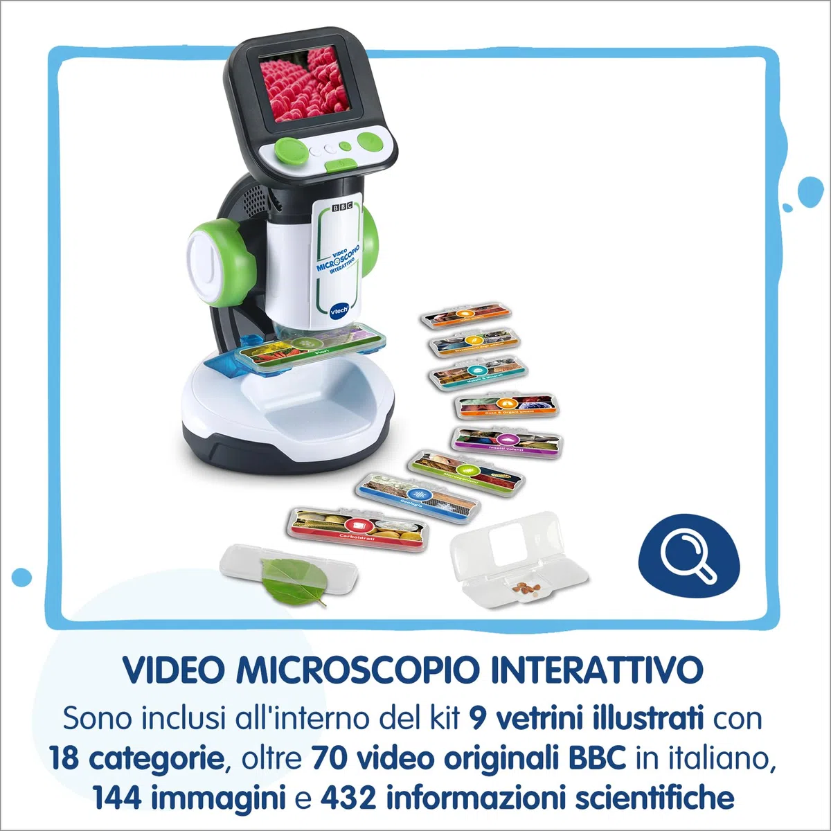 VTech Video Microscopio Interattivo, Microscopio Bambini Digitale con Video Originali BBC, Schermo 2,4", Zoom 200x, 9 Vetrini Illustrati, Slot MicroSD, Lingua Italiana, Batterie Incluse, 7-99 Anni