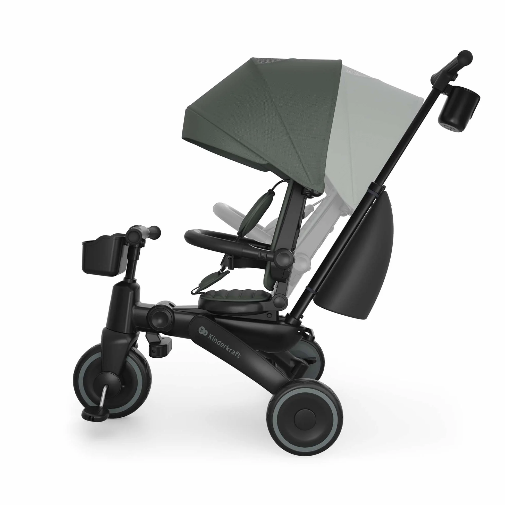 Kinderkraft JAZZ 3 triciclo pieghevole 9 mesi-25 kg, seduta 360°, semi-reclinabile fronte/retro, capotta UPF 50+ impermeabile, ruota libera, chiusura compatta, Verde