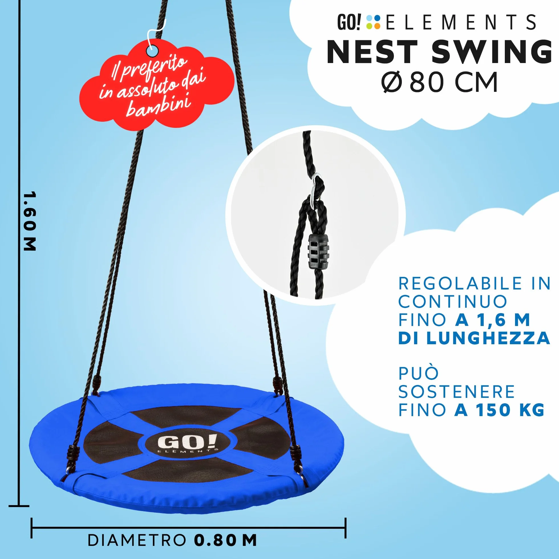 GO!elements altalena a nido | altalena rotonda per bambini | altalena per bambini & altalena adulti regolabile in altezza fino a 150 kg di capacità | Dimensioni: ø 80 cm, Colore: Blu