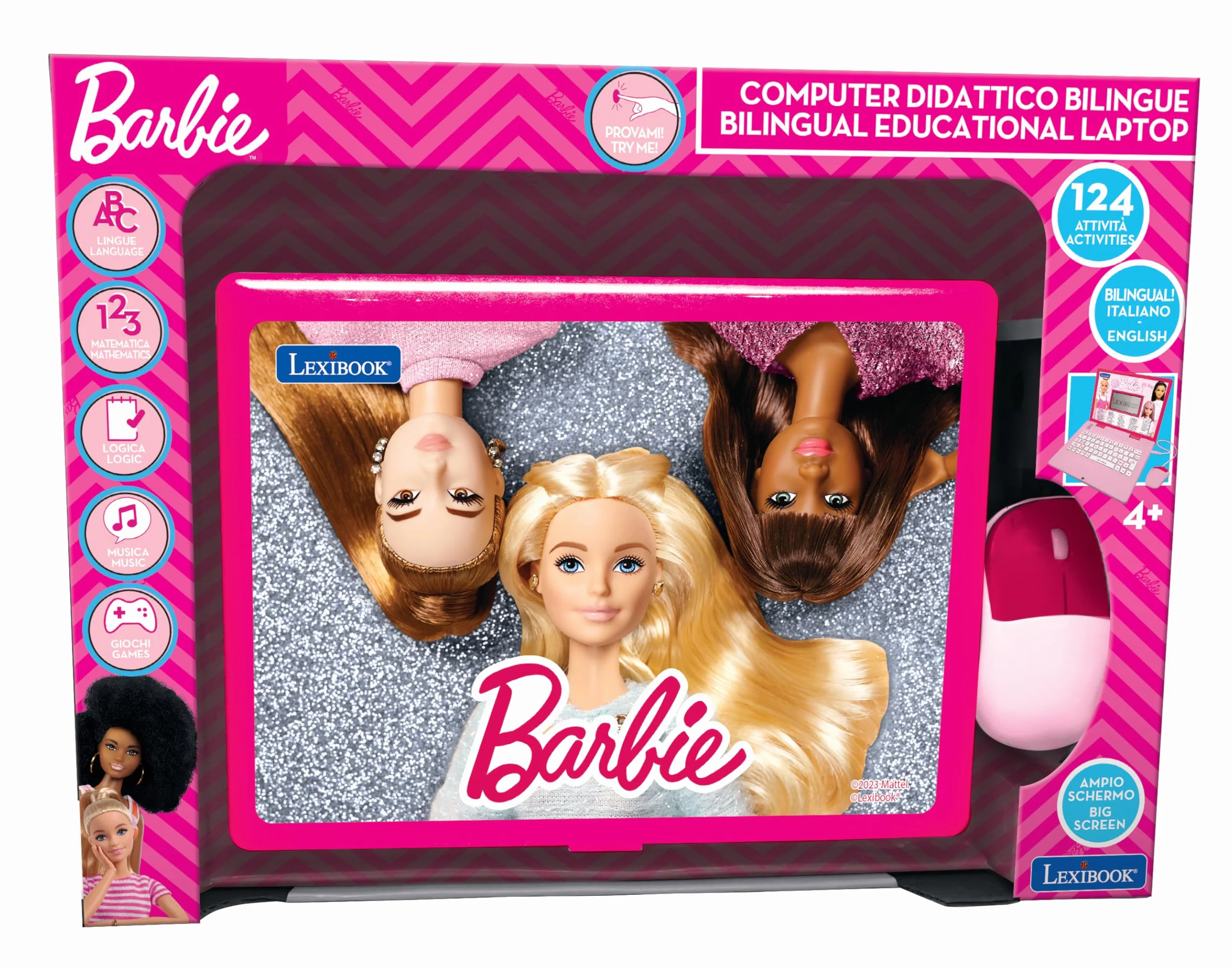 Lexibook Barbie, Laptop educativo e bilingue in inglese/italiano, giocattolo per bambini con 124 attività per imparare, giochi e musica, rosa, JC598BBi5LXB