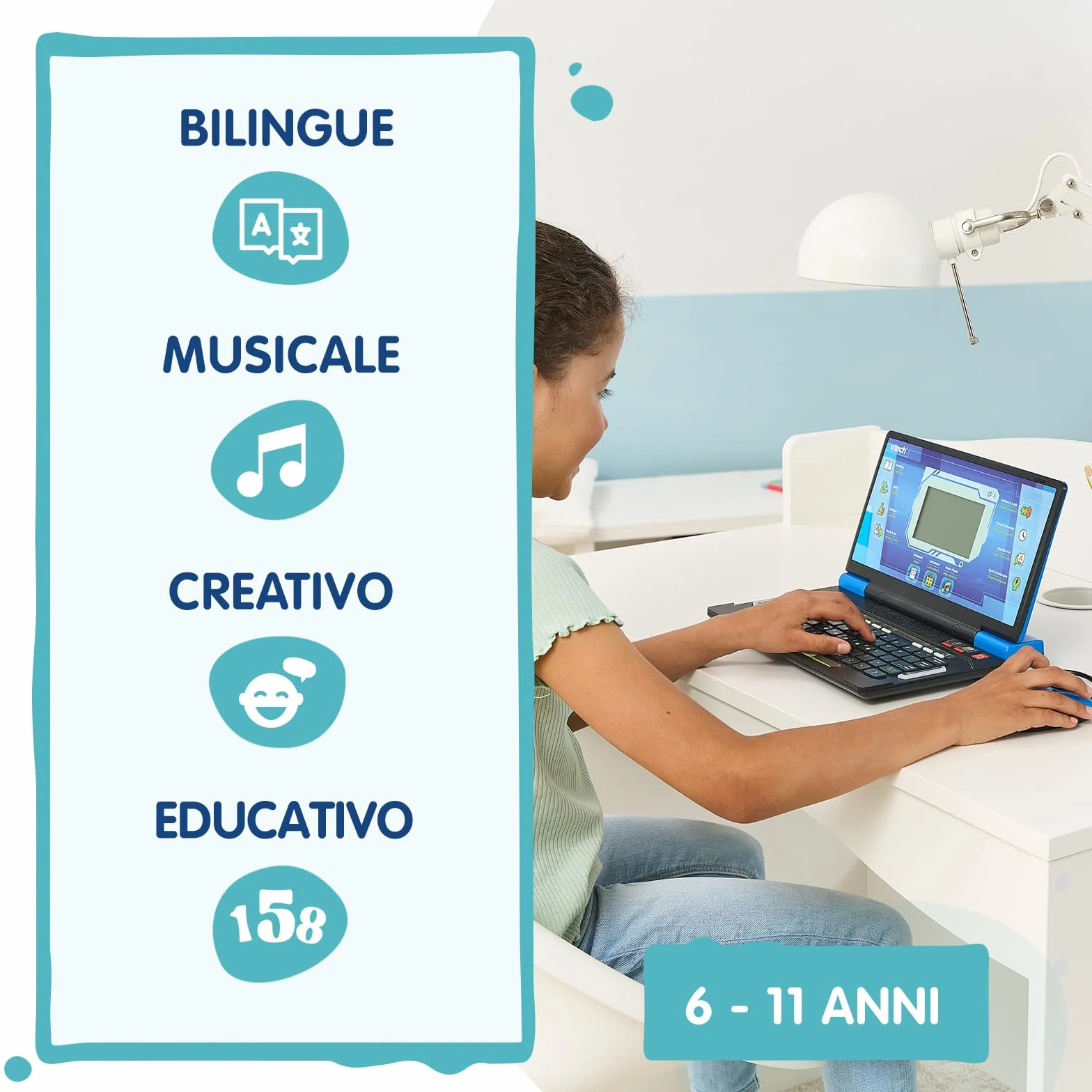 VTech Bit Smart Genius Plus Nero, Computer Interattivo Bambini, Computer con Mouse Incluso, 164 Attività, Computer Didattico Bilingue Italiano e Inglese, Tastiera QWERTY, Batterie Incluse, 6-11 Anni