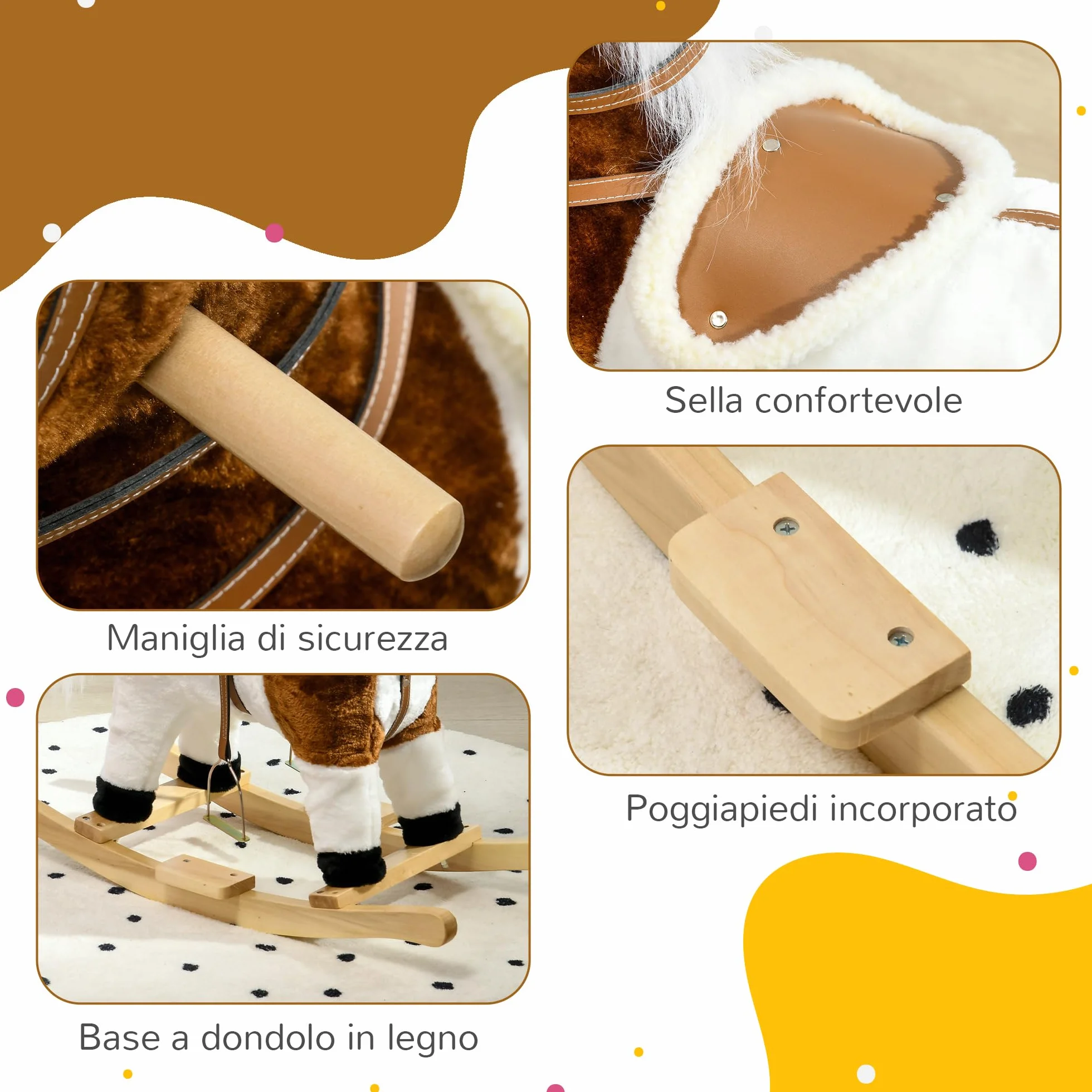 HOMCOM Cavallo a Dondolo per Bambini da 3-6 Anni, Gioco per Bambini Cavalcabile con Suoni in Peluche, 68x26x62cm, Marrone