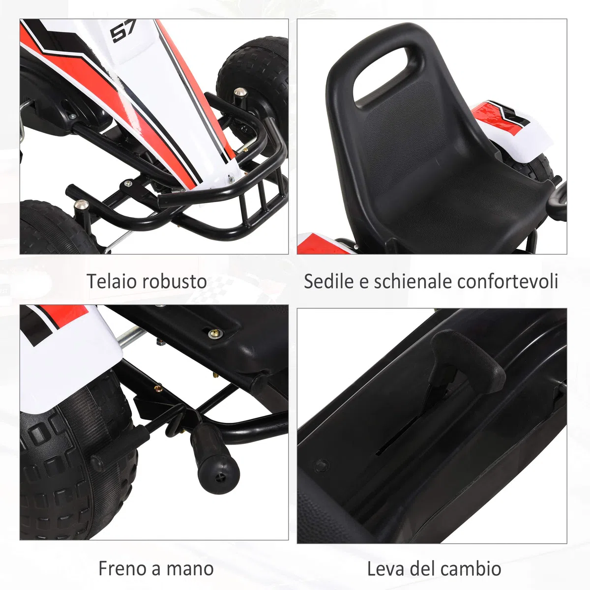 HOMCOM Go-Kart a Pedali Bianco per Bambini 3-6 Anni Sedile Regolabile Freno a Mano Cambio