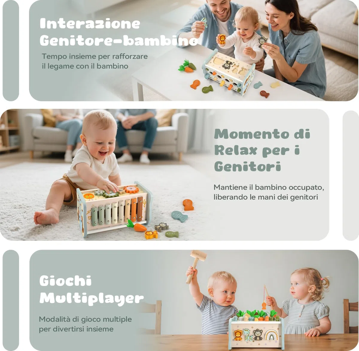 Giochi Montessori 1 Anno, Giocattoli Legno 6 in 1 con Acchiappa Talpa, Pesca, Xilofono per Bambini 1-3 Anni