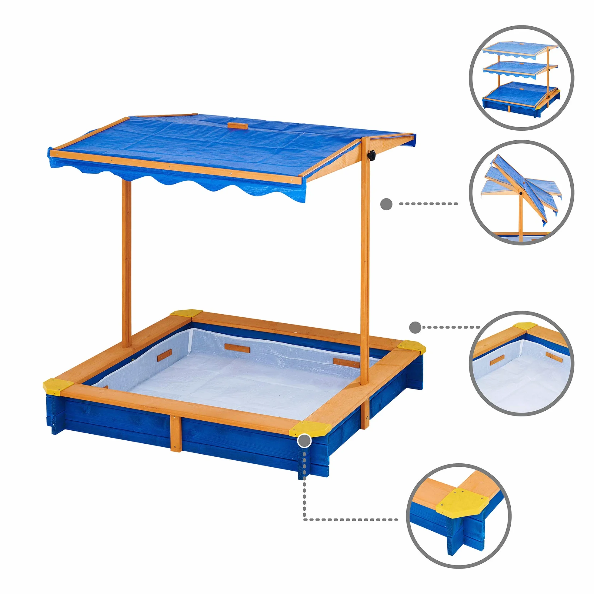 Teamson Kids Wooden Sand Pit con Coperchio, Grande Scatola di Sabbia all'aperto con Copertura a baldacchino rotabile per Giardino Esterno, Altezza Regolabile, Sabbia per Bambini