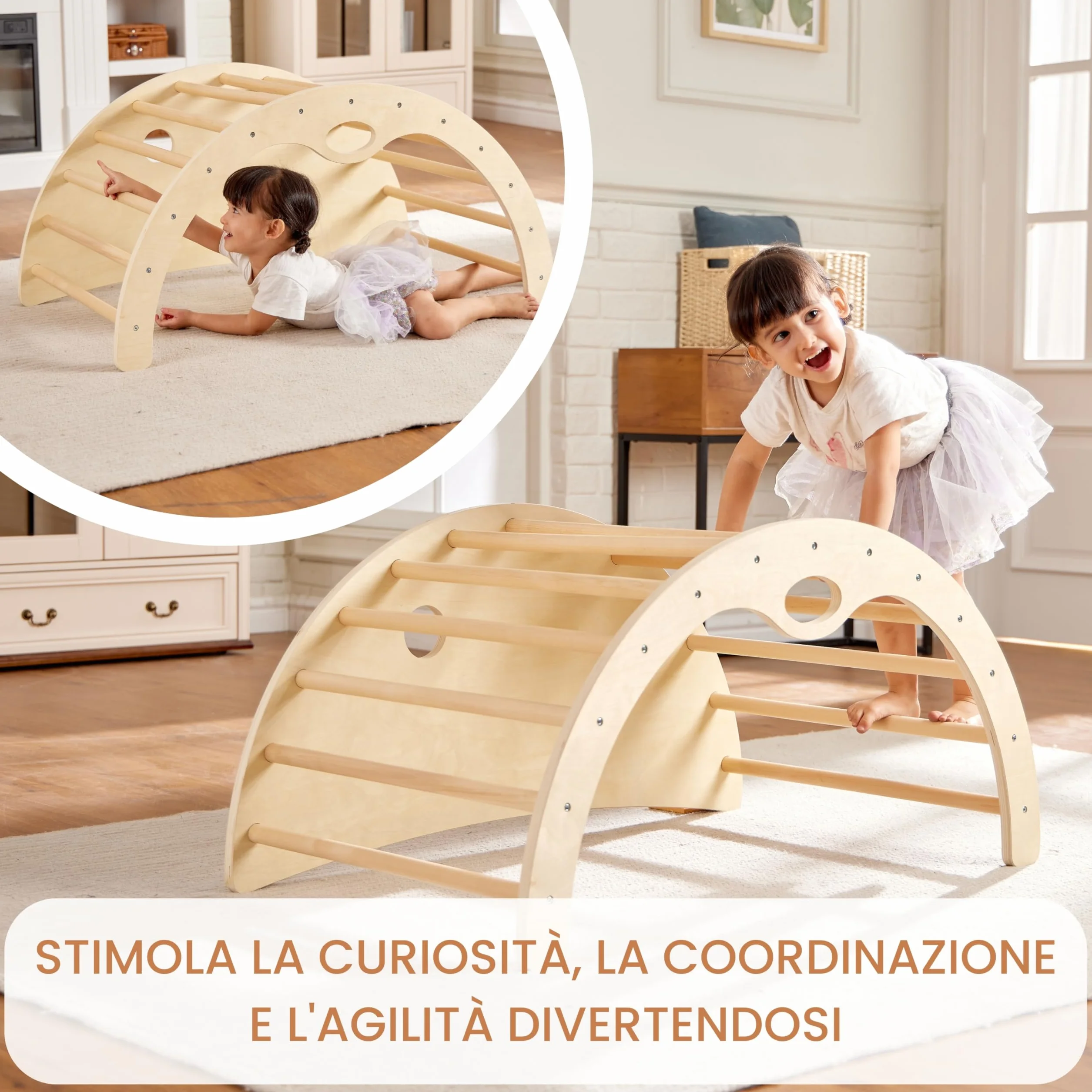 Arco da Arrampicata Montessori per Bambini - Giocattolo Educativo per capacità Motorie - Dondolo, Scivolo, Tavolo da Gioco - Ideale per Interni ed Esterni