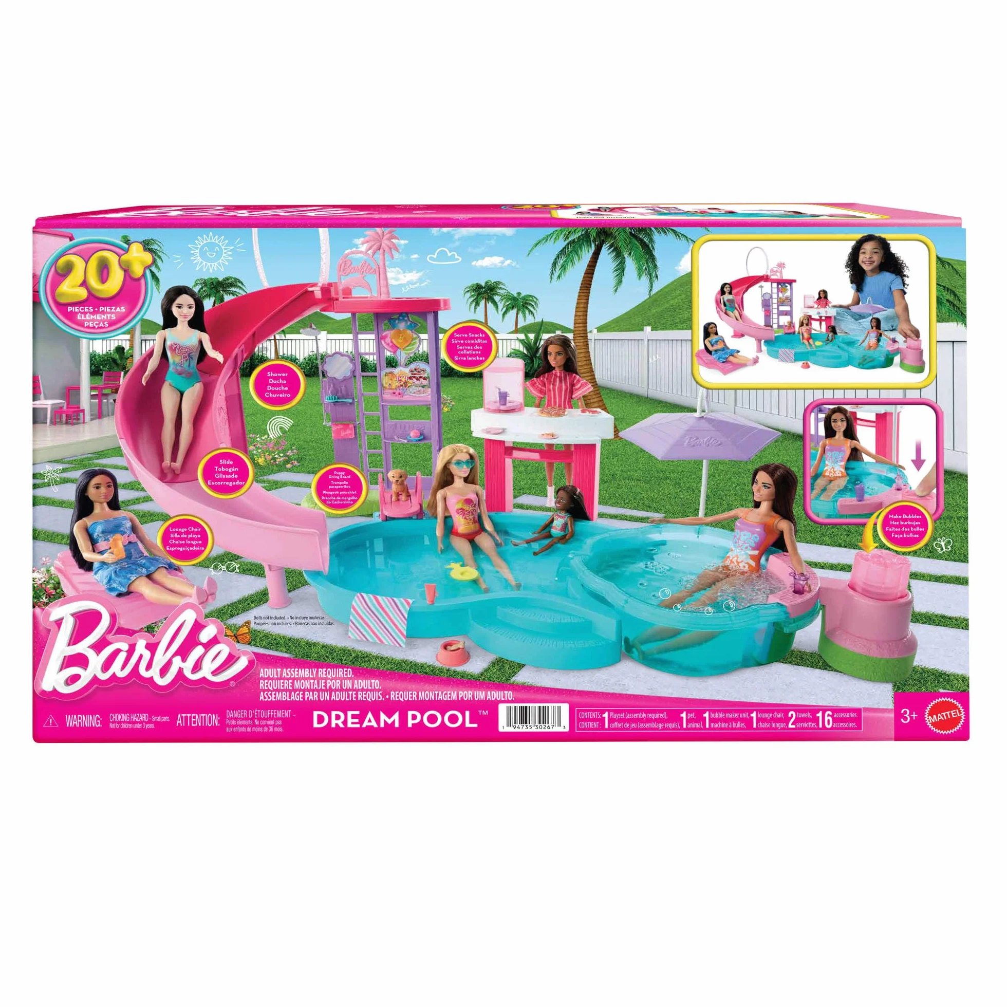 Barbie - Piscina dei Sogni, set con 6 aree di gioco tra cui scivolo e idromassaggio, cuccioli, galleggianti e oltre 20 accessori inclusi, giocattolo per bambini, 3+ anni, JKG83