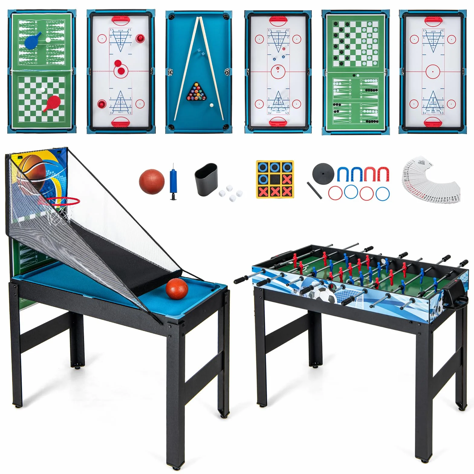 GYMAX Tavolo da Gioco 14-in-1, Combo Tavolo da Gioco con Basket, Biliardo, Calcetto, Ping Pong, Hockey, Shuffleboard, Bowling, Scacchi, Dama, Backgammon, Tris per Feste, Sala Giochi