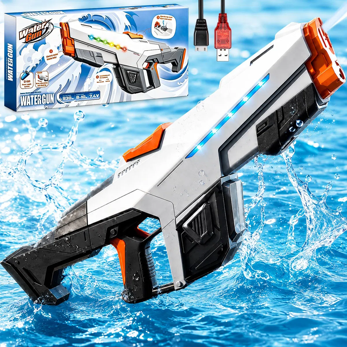 Pistola ad Acqua Elettrica - 610ML Fucile ad Acqua Elettrico Automatica con Luce per Bambini e Adulti, Lunga Gittata 8–10M, Electric Water Gun per Piscina Spiaggia Giardino