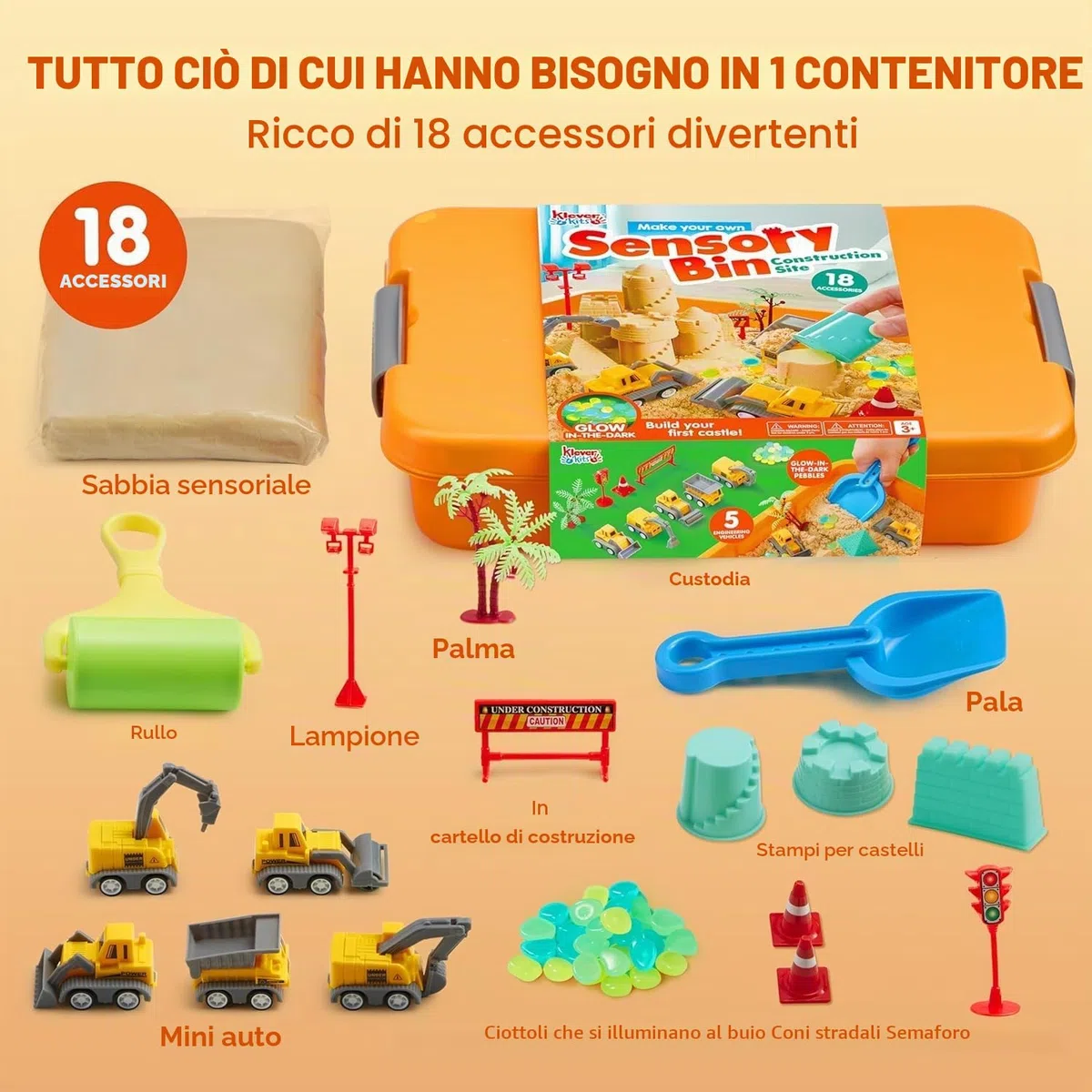Klever Kits Cestino Sensoriale da Costruzione per Bambini con Pietre Fosforescenti, Sandbox con Coperchio, Kit Castello di Sabbia