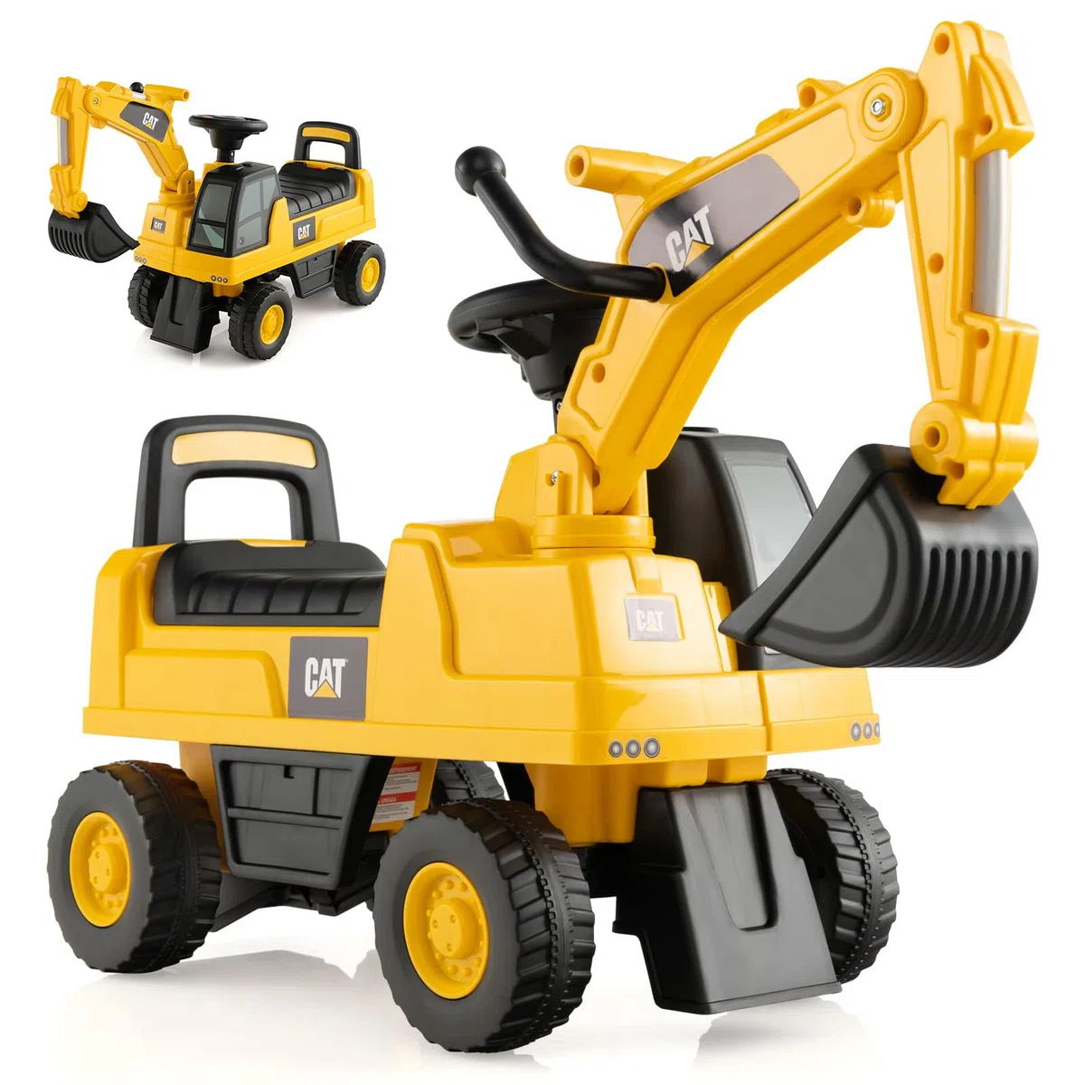 RELAX4LIFE Escavatore Ruspa Cavalcabile da 1-3 Anni per Bambini, con Licenza CATERPILLAR,Clacson suono,Braccio Girevole e Alzabile e e Vano Contenitore, 30x74x54 cm