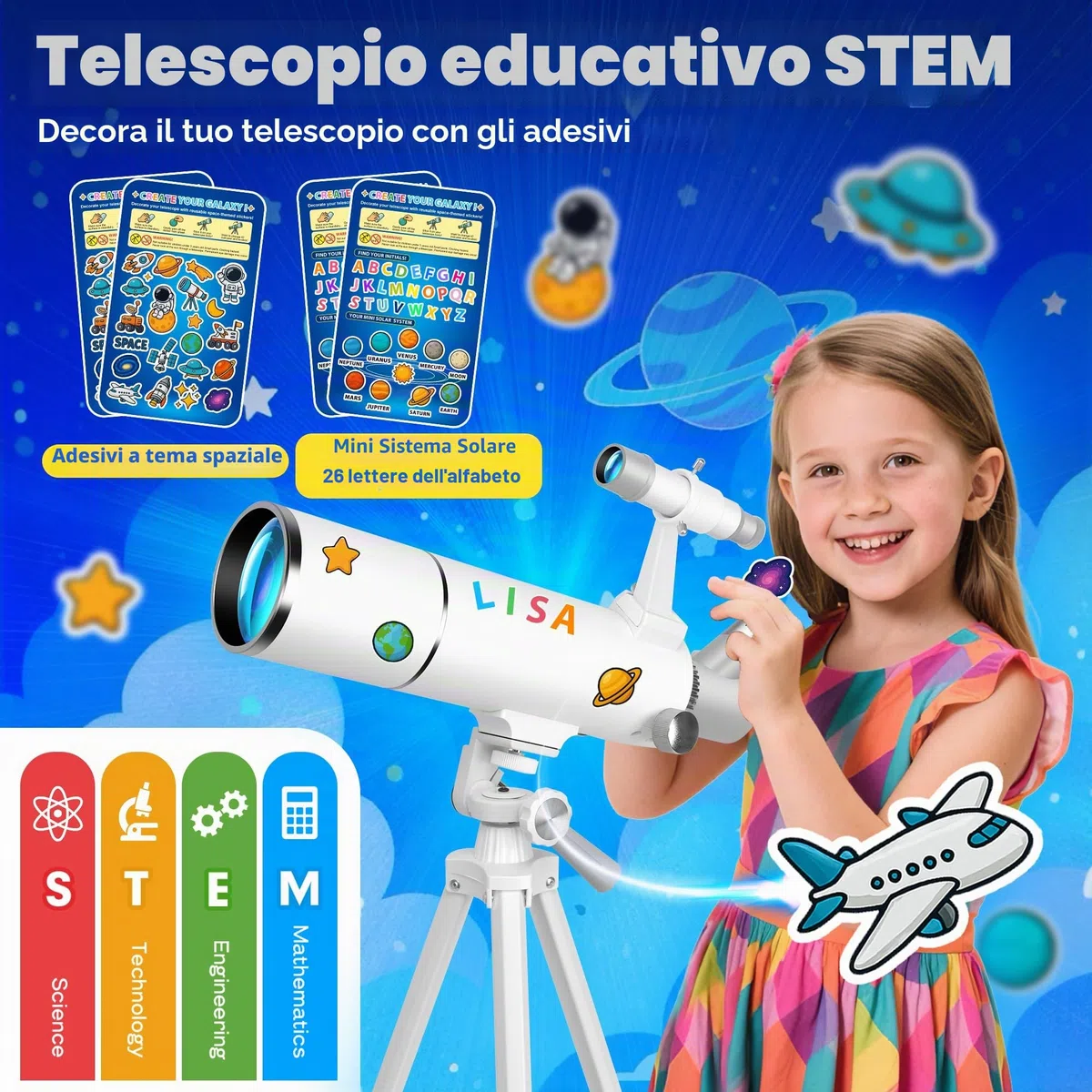 Telescopio Astronomico per Adulti, 80/500mm Telescopio Rifrattore per Principianti con Adattatore per Telefono, Adesivi Decorativi a Tema Spaziale e Treppiede