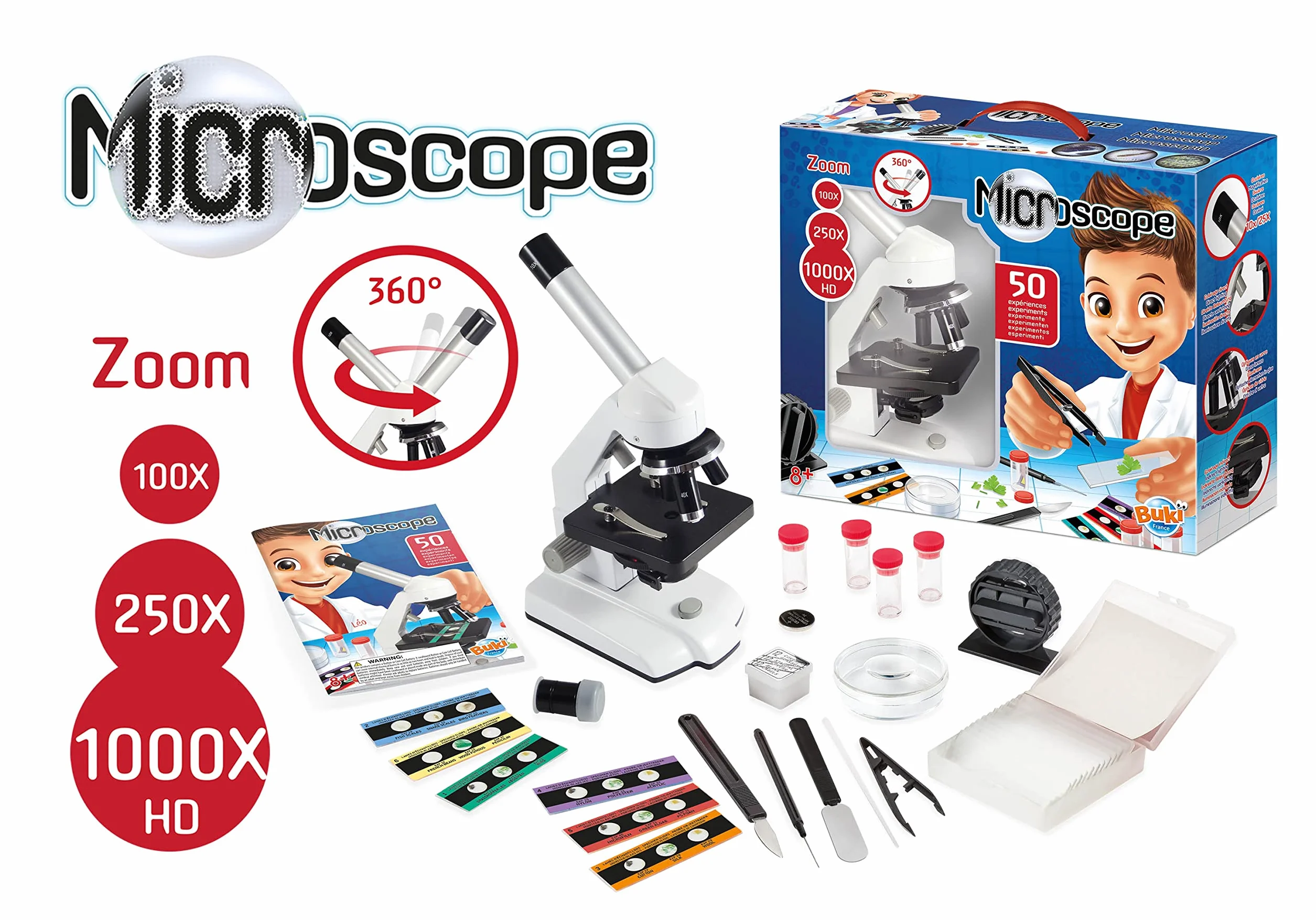 BUKI MR600 - Microscopio 50 esperimenti, 3 zoom : X 100 – X 250 – X 1000 HD