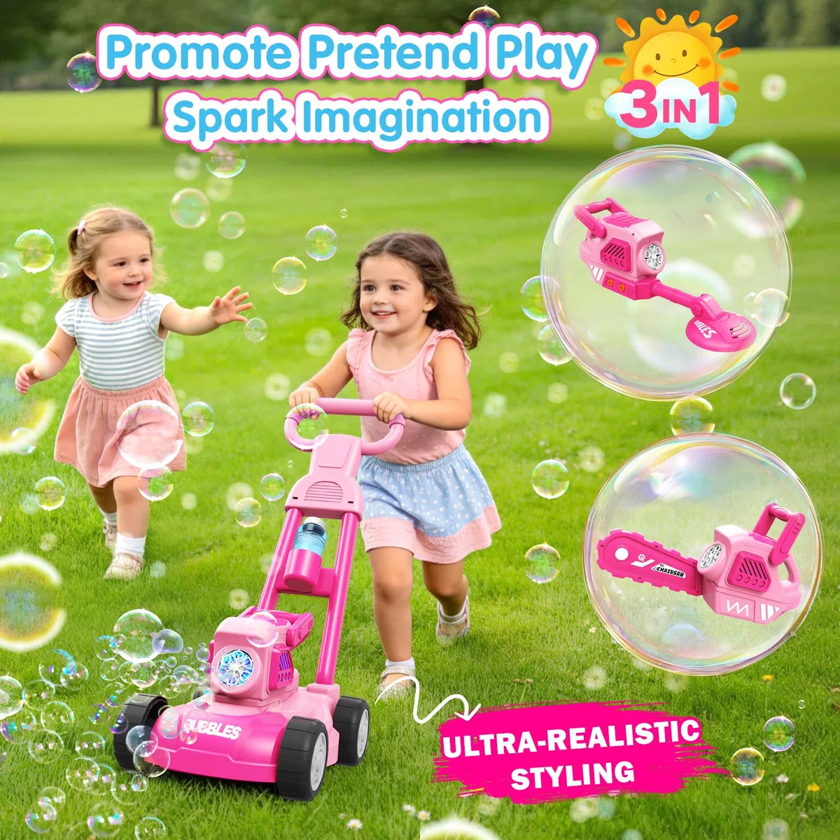 Tosaerba Spara Bolle per Bambini, Macchina per Bolle 3-in-1 con 10 Soluzioni, Giochi all'Aperto per Bambini 3-8 Anni, Regalo di Compleanno Pasqua Estate per Ragazzi e Ragazze 3 4 5 6 7 8 Anni