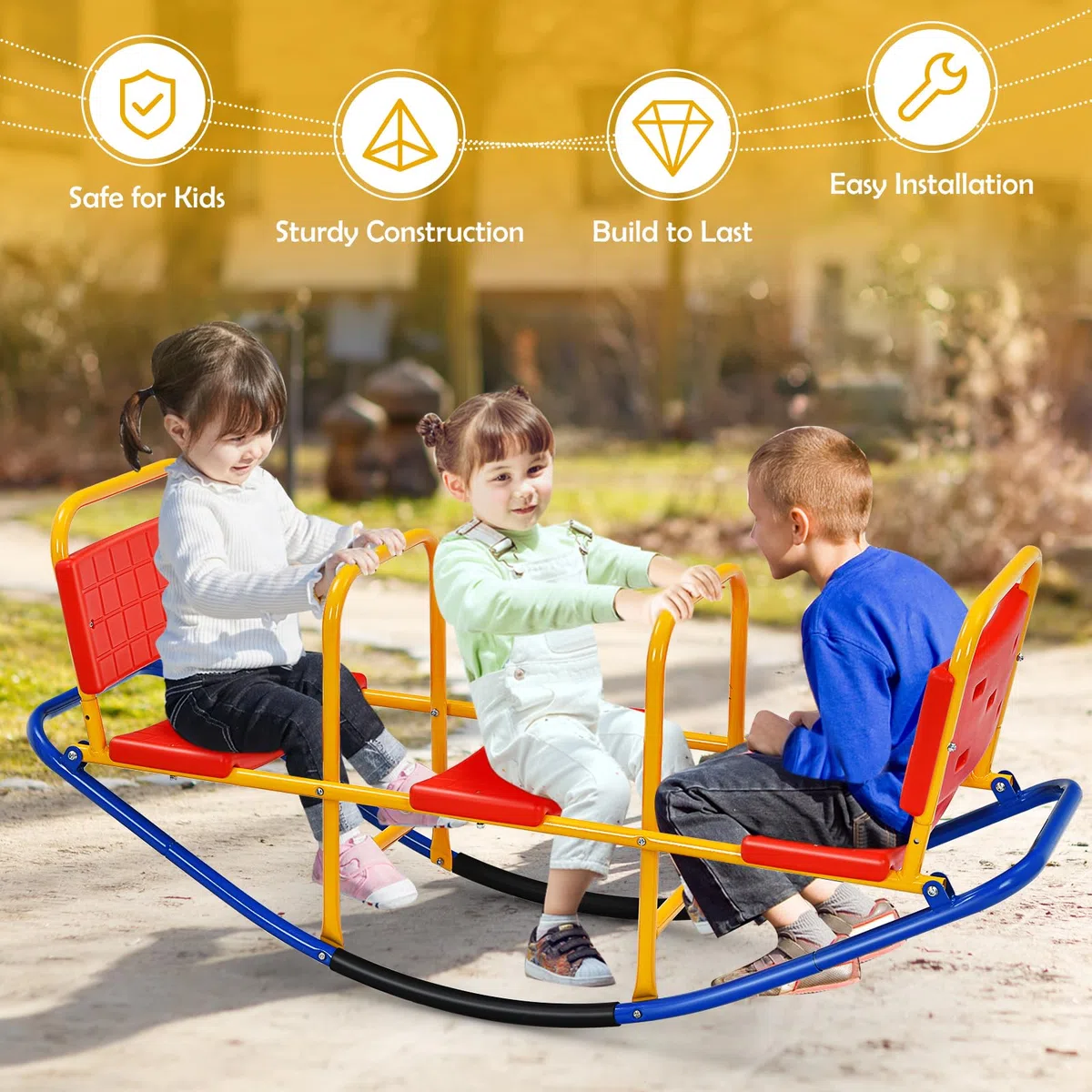 HOMASIS Altalena a Bilico per Bambini 3 Posti, Altalena a Dondolo in Metallo, Portata 90 kg, per Bambini 3-8 Anni (Rosso)