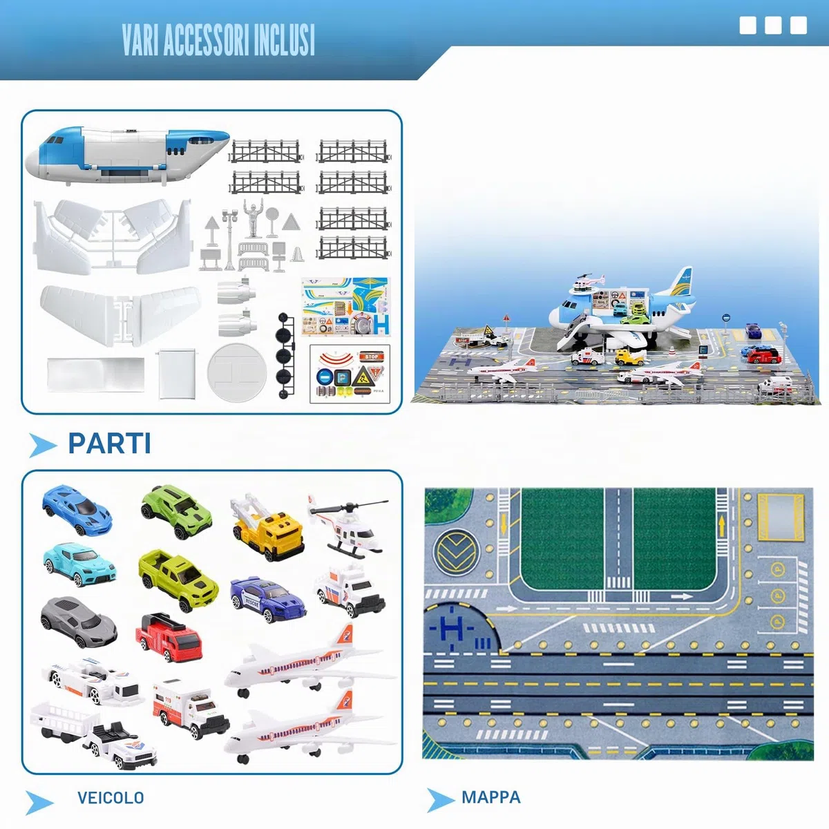 Set Giocattoli Trasporto Aereo Auto 15 Mezzi con Segnaletica Stradale Tappetini da Gioco Regalo Bambini 3+