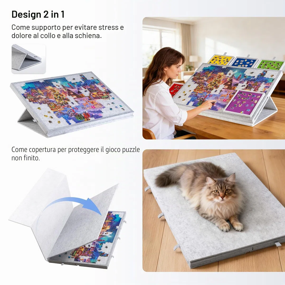Lavievert Tavola puzzle inclinabile con supporto e copertura progettati 2 in 1, super leggero, in feltro, con 6 cassetti, tavolo puzzle portatile per giochi fino a 1000 pezzi, grigio chiaro