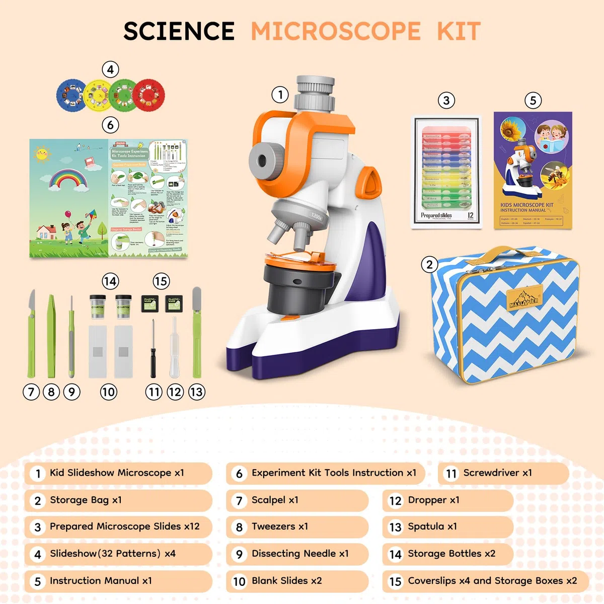 MAXLAPTER Microscopio per Bambini 1200X con Proiettore: Microscopio con Vetrini Preparati e Borsa per la Conservazione - Regali di Scienza Edu per Bambini Principianti di 8-12 Anni (Arancione-Viola)