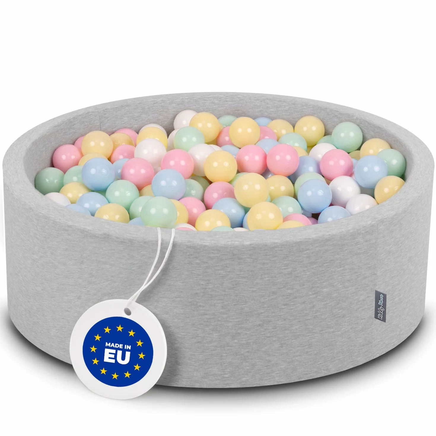 KiddyMoon 90X30cm/200 Palline Piscina di Palline Colorate per Bambini Tondo Fabbricato in EU, Grigioch:Blu Pastello/Giallo Pastello/Bianco/Menta/Eosa Chiaro